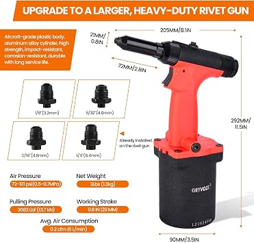 Pneumatic Rivet Gun Air Pop Riveter Tool Kit with 1/8, 5/32, 3/16, 1/4 Rivet Nozzles, Pneumatic Riveting Gun, Upgraded Air Riveter Hydraulic Pop Riveting Rivets Tool, No-Self-Suction