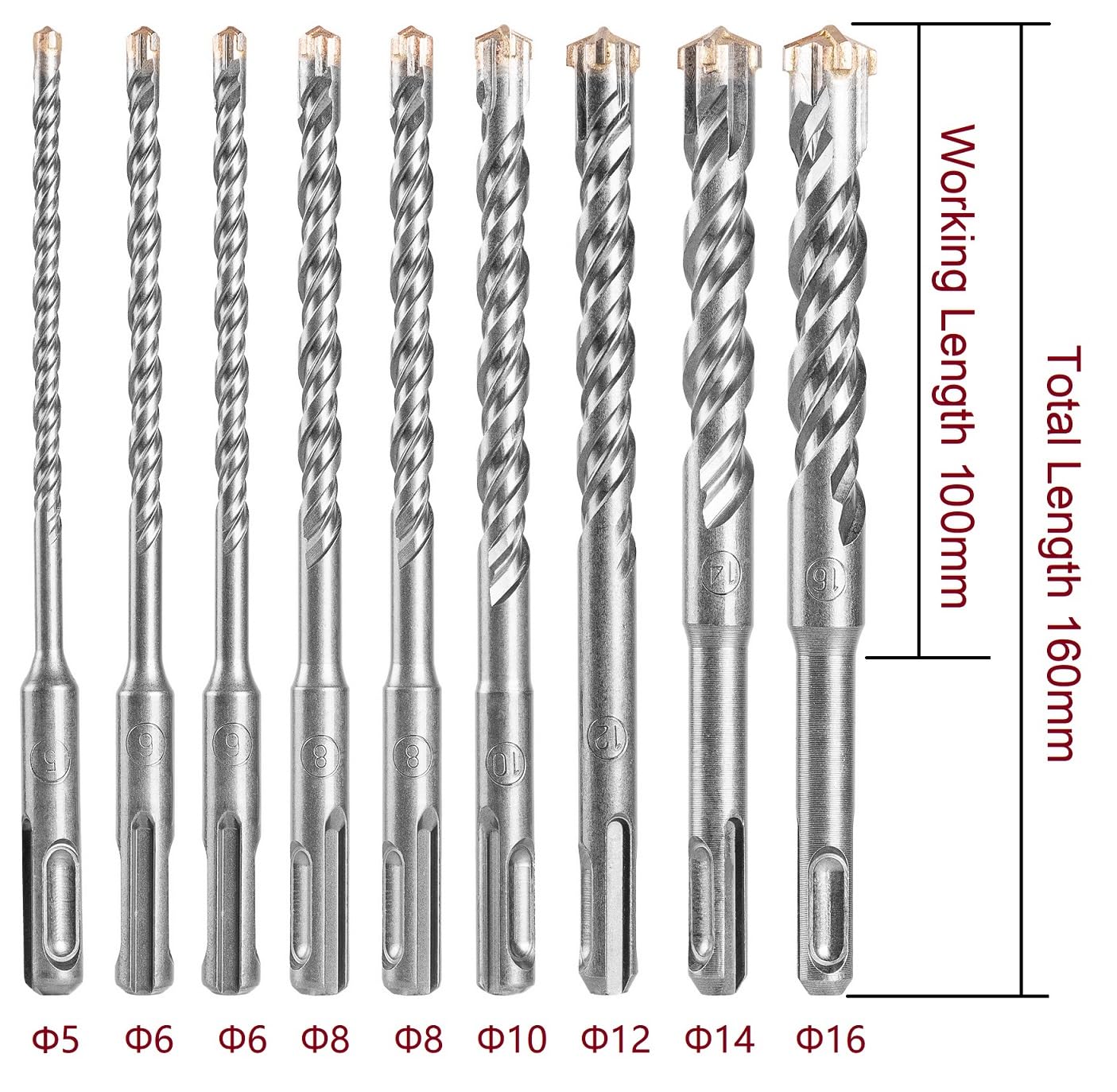 Juego de brocas SDS Plus de 9 piezas, broca para hormigón de 160 mm de largo, juego de brocas para martillo, brocas SDS para piedra, herramientas YUHIAKE para perforar hormigón, piedra, madera