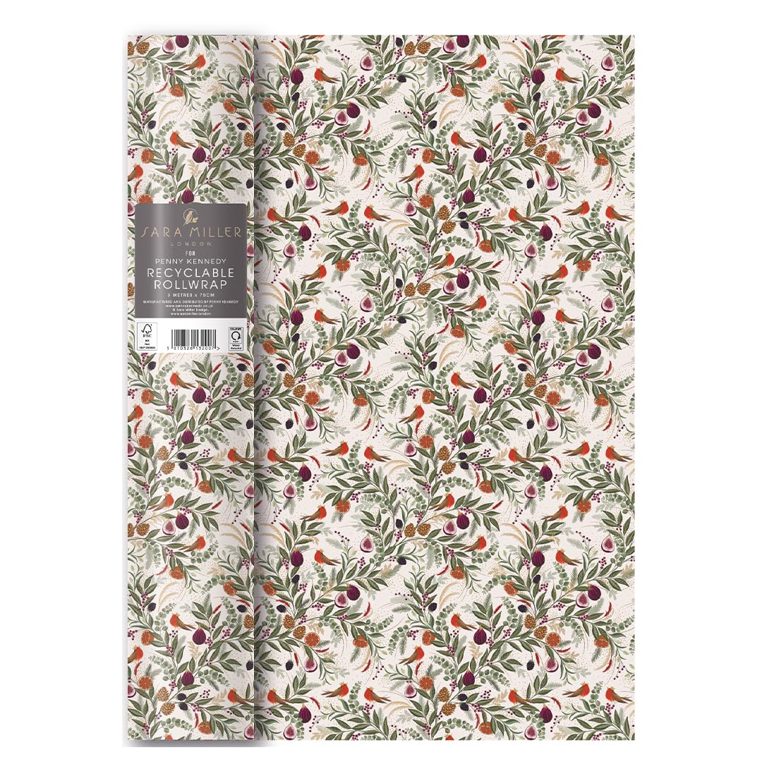 Sara Miller Christmas Robin Recyclable Roll Wrap, 3 Metres x 70 cm, Botanical Festive Gift Wrapping Paper with Figs, Berries and Winter Foliage
