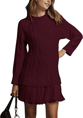 MINSURE Women Cable Knit Sweater Dress Crewneck Long Sleeve Pleated Mini Dress Twofer Style Patchwork Dress