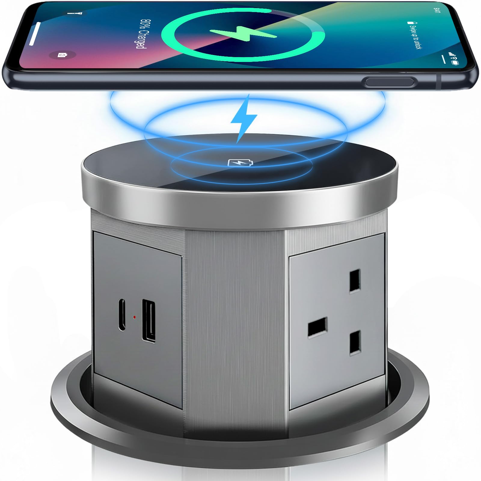 Pop up Power Sockets with 15W Wireless Fast Charger, Touchscreen Automatic Pop up with 3 x UK Plugs, 1x USB & 1x Type C Port, Aluminum Alloy Material, for Home Office Kitchen Worktops Desktop