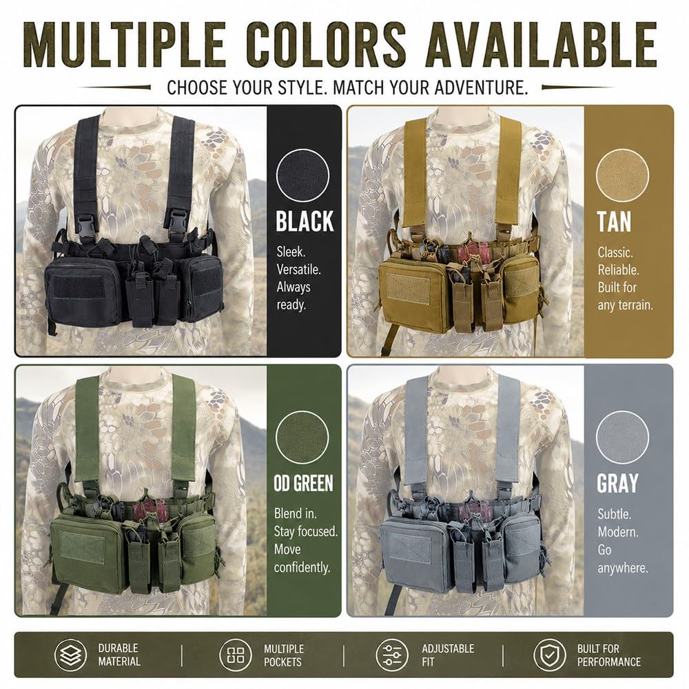 Chaleco Táctico Chest Rig Con Sistema MOLLE,Bolsa Pecho Ajustable Porta Multifunción Ideal Para Airsoft Caza Tiro Deportivo Senderismo Pesca Entrenamiento Outdoor
