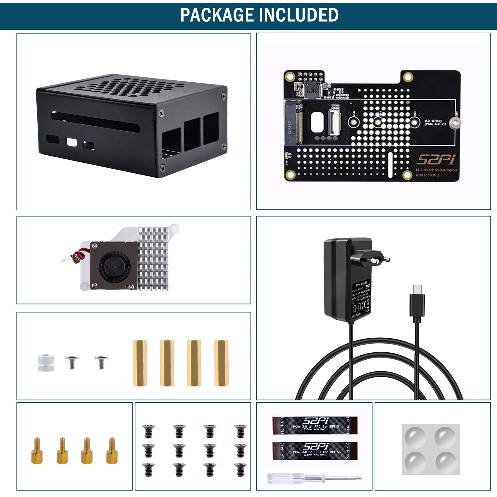 GeeekPi Metalowa obudowa dla Raspberry Pi 5, z oficjalną aktywną chłodnicą, kartą brzegową N04 M.2 NVMe SSD PCIe i zasilaczem USB C 27 W dla Raspberry Pi 5 8 GB 4 GB