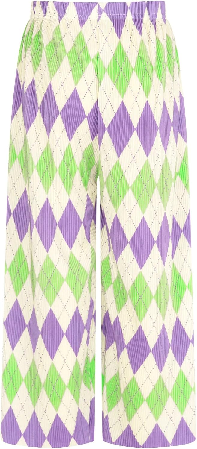Kaerm Kids Girls Bootcut Yoga Pants Colorful Print Elastic Waistband Pleated Stretch Wide Leg Pants Trousers Activewear