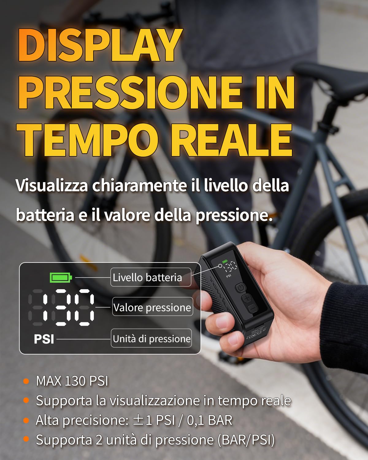 TOWILD A13 Pompa Elettrica per Bici, Max 130 PSI Mini Compressore d'aria elettrico, Funzione di Arresto Automatico Ricaricabile Type-C, Valvole Presta e Schrader per Biciclette da Strada, MTB, E-bike