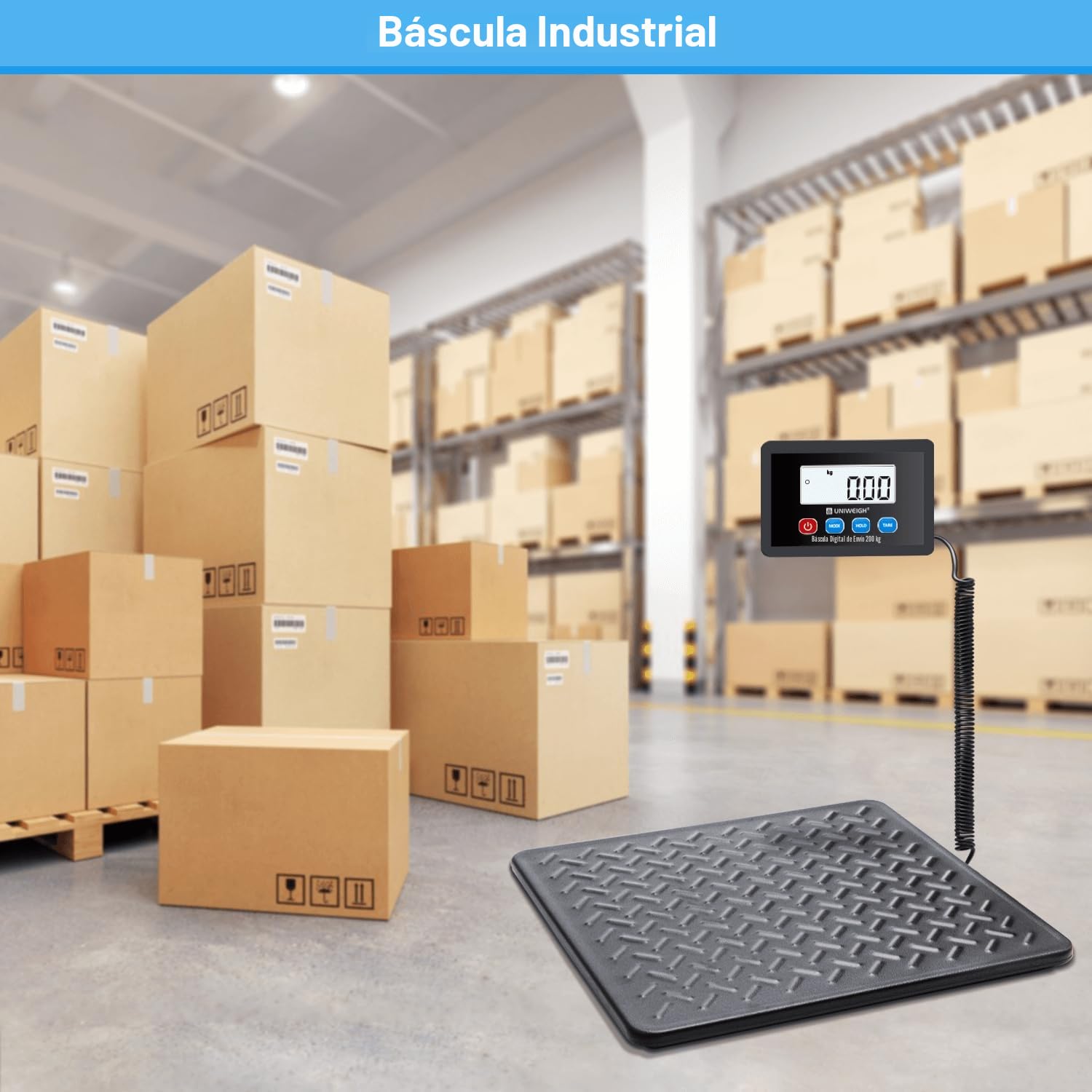 UNIWEIGH Báscula digital de precisión 10 g, plataforma de acero duradera, para paquetes/almacenes/equipaje, báscula de paquete con LCD/Hold/Tara, pilas y USB