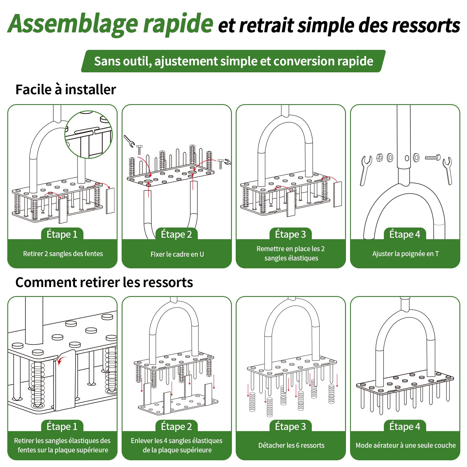 EYMPEU Aérateur de Gazon 15 Pointes Acier, 2-en-1 avec 6 Ressorts, Manuel, 3 hauteurs, pour Petites et Moyennes pelouses.