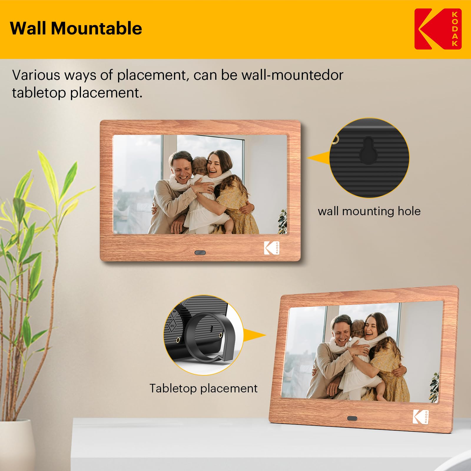 KODAK Cornice digitale da 7 pollici, cornice elettronica, schermo IPS, foto/musica/lettore video, calendario/allarme, supporto USB o scheda SD, rotazione automatica, con telecomando