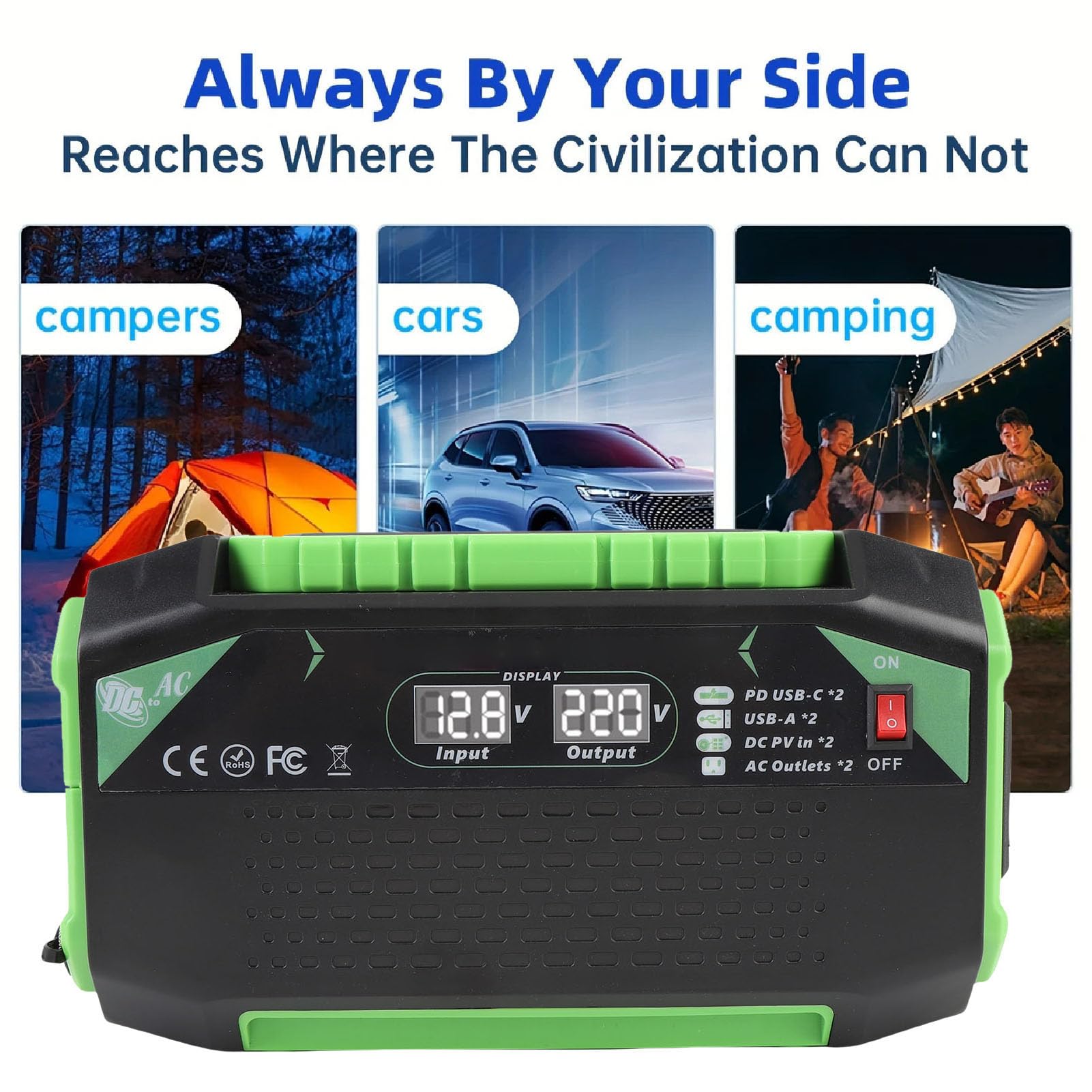 Luocute Ogranicznik Prądu Samochodowego 600 W, DC 12V do AC 20V Vehicle Vehicle ładowarka z 2 Gniazdkami, 2 USB C PD, 2 USB A, QC Szybkie ładowanie, Wyświetlacz Napięcia, Wentylator