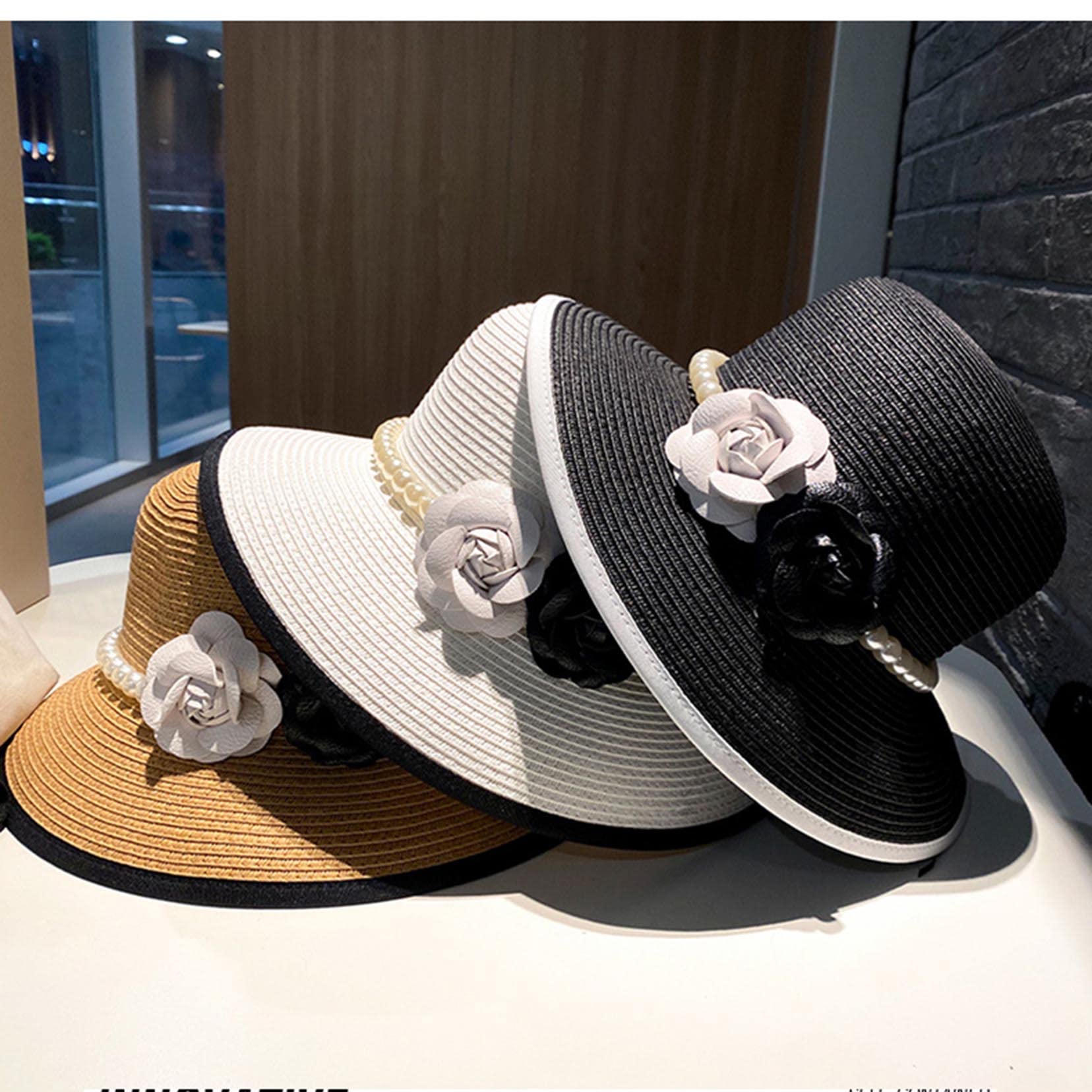 Damen Sommerhut Stroh Fedora Strand Sonnenhut, Blumendekoration Packbares Breitenkrampf Panama Hut White-56-58cm