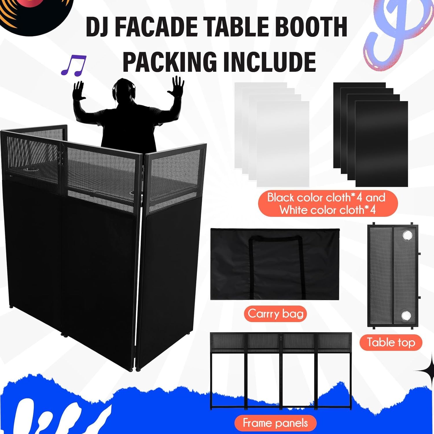 Portable DJ Facade Booth, Foldable DJ Table Station With White & Black Lighting Scrim,42 in L x46 in H x 25 in W DJ Stand Booth,With Adjustable DJ Event Facade Feet for Party, Black Metal Frame