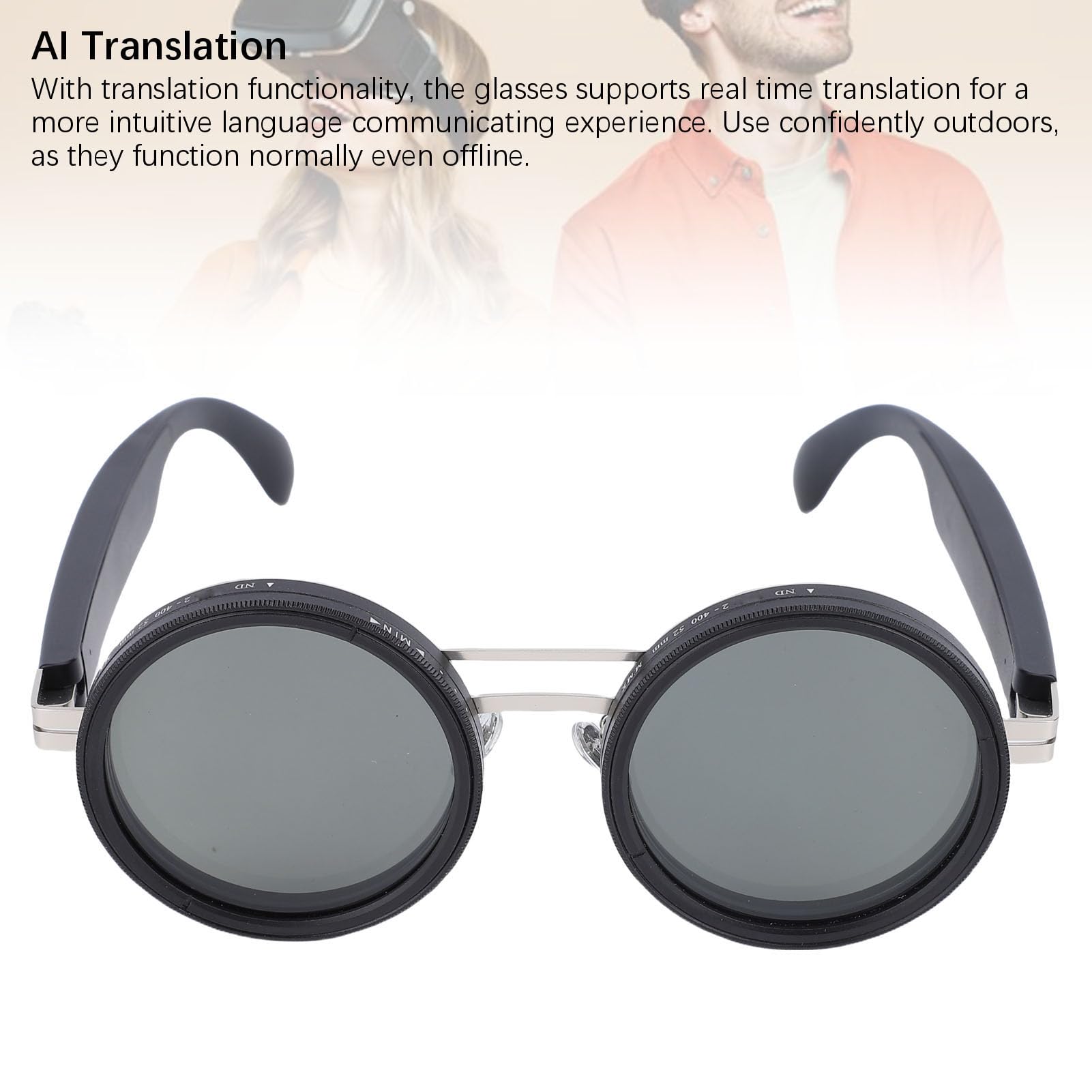 Fockety Lunettes Intelligentes de Traduction AI, Plus de 100 Langues, Traduction en Temps Réel, Lunettes Bluetooth