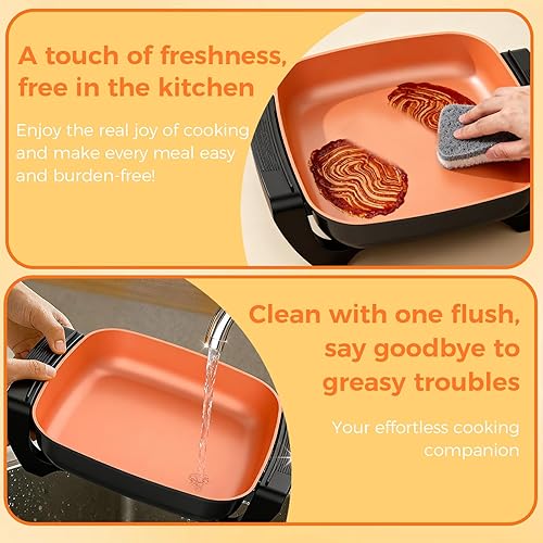 Miniatura 6 de OSTBA Sartén eléctrica y sartén con tapa de vidrio, sartén eléctrica antiadherente de cobre de 12 x 12 pulgadas para cocinar, potencia de 1500 W,