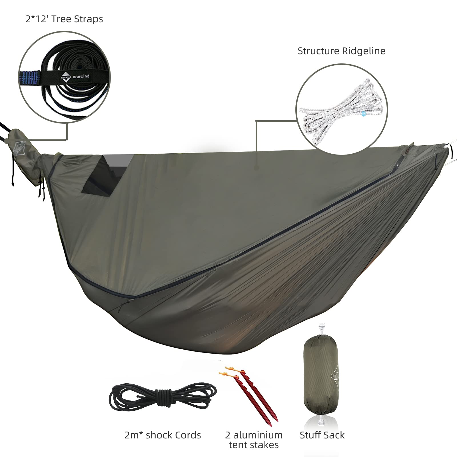Onewind, amaca da campeggio Airstream con zanzariera e paravento, amaca portatile con cinghie per alberi e zanzariera per campeggio invernale, escursionismo, trekking, Verde OD