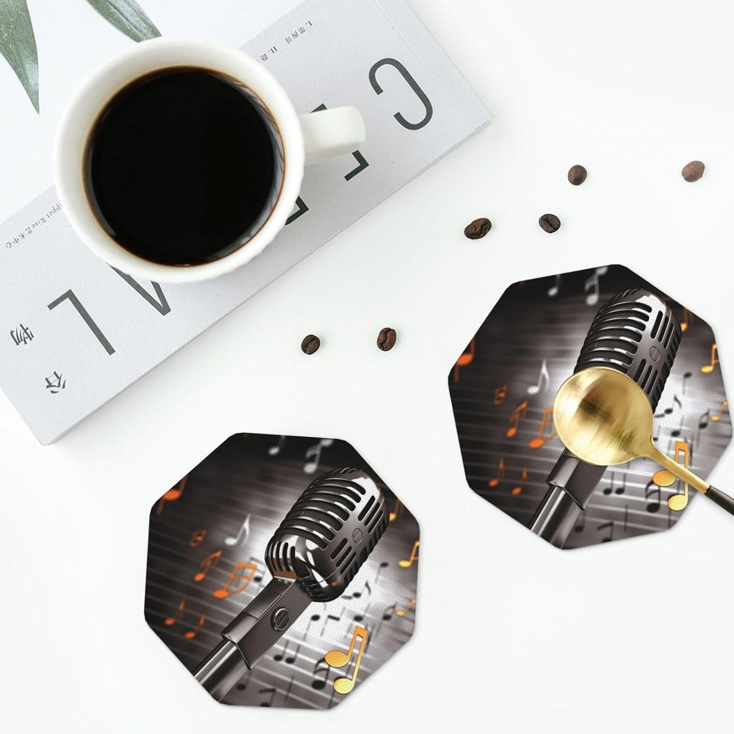 Microphone with Music Notes Leather Drink Coasters Set of 4 Waterproof Bar Coasters Modern Cup Mat Pad for Cup Kitchen Bar Home Decor Housewarming Gift image 5