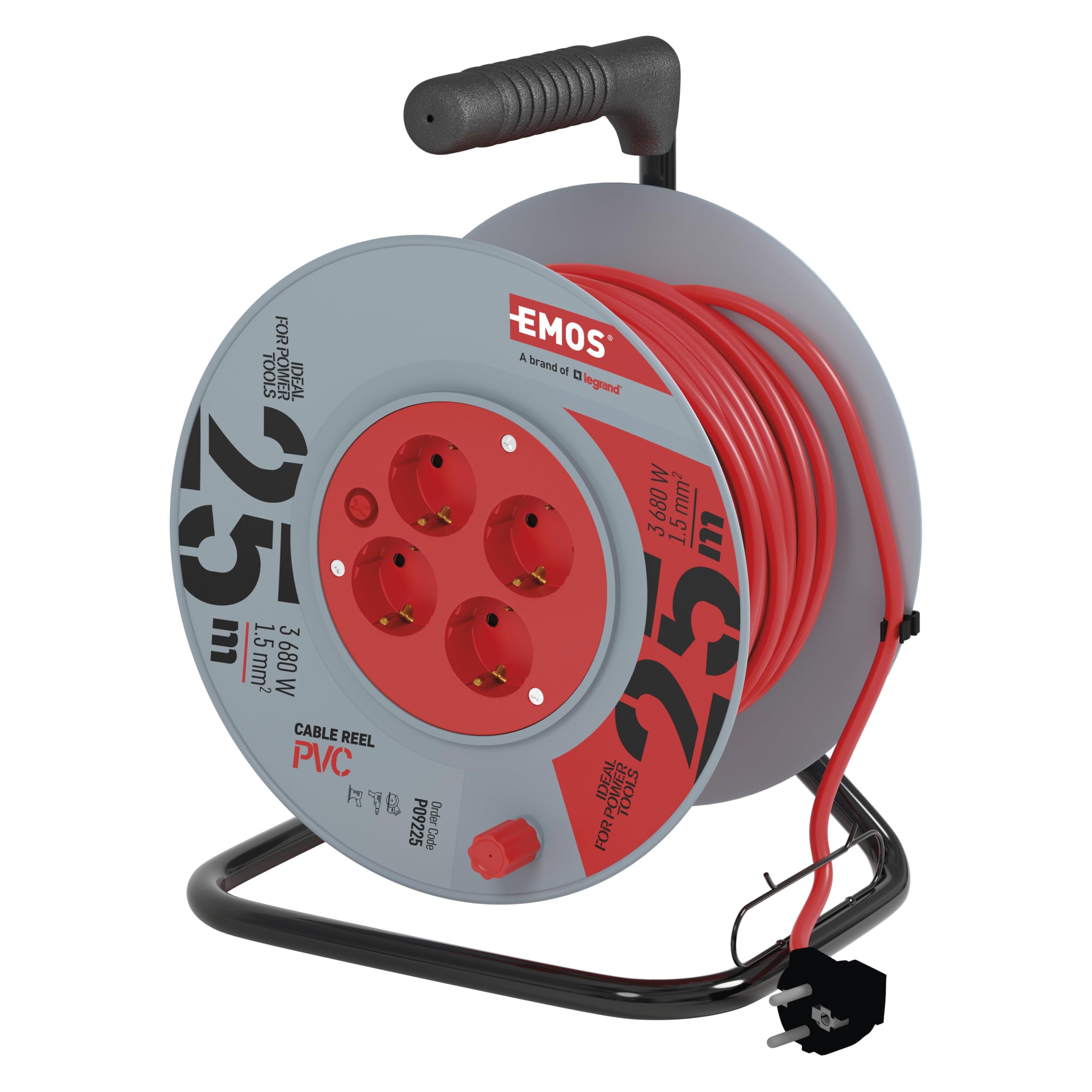 EMOS - Avvolgicavo 25 m - 4 prese Schuko - 230 V, 16 A, 3680 W - isolamento in PVC di alta qualità - H05VV-F3G 1,5 mm2 - protezione contro il surriscaldamento - IP20 per interni