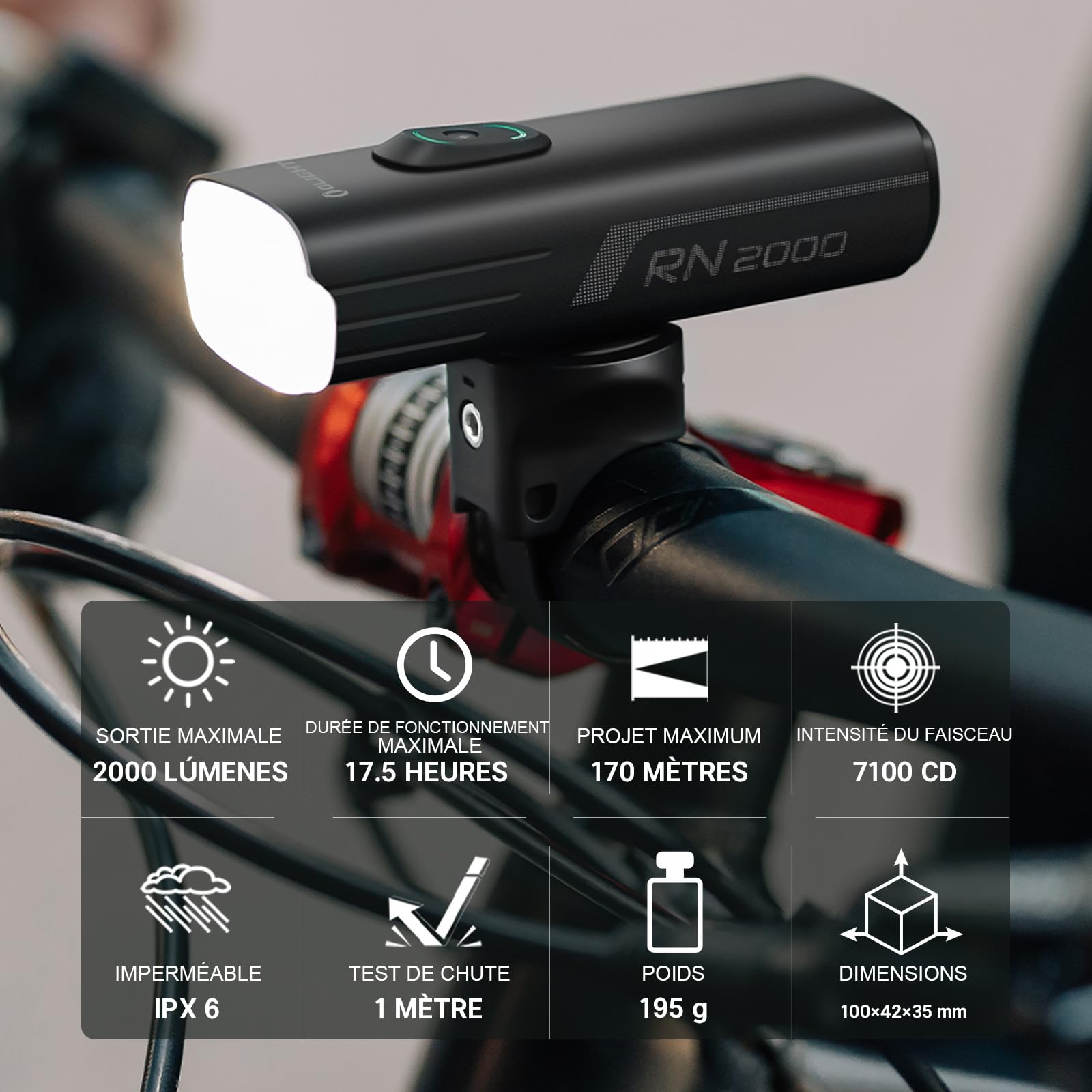 OLIGHT RN 2000 Lampe Velo LED Puissantes Éclairage 2000 Lumens 170 Mètres | Prolongateur Velo 6 Modes, avec Télécommande, Lampe Vélo Avant Ricaricabile, IPX6 Impermeabile, sans Fil pour Cyclysme VTT