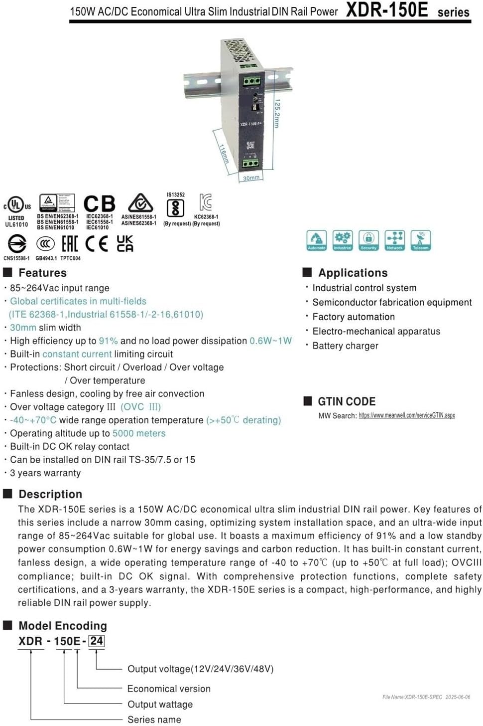 150W AC/DC Power XDR-150E 12V 24V 36V 49V(XDR-150E-12)