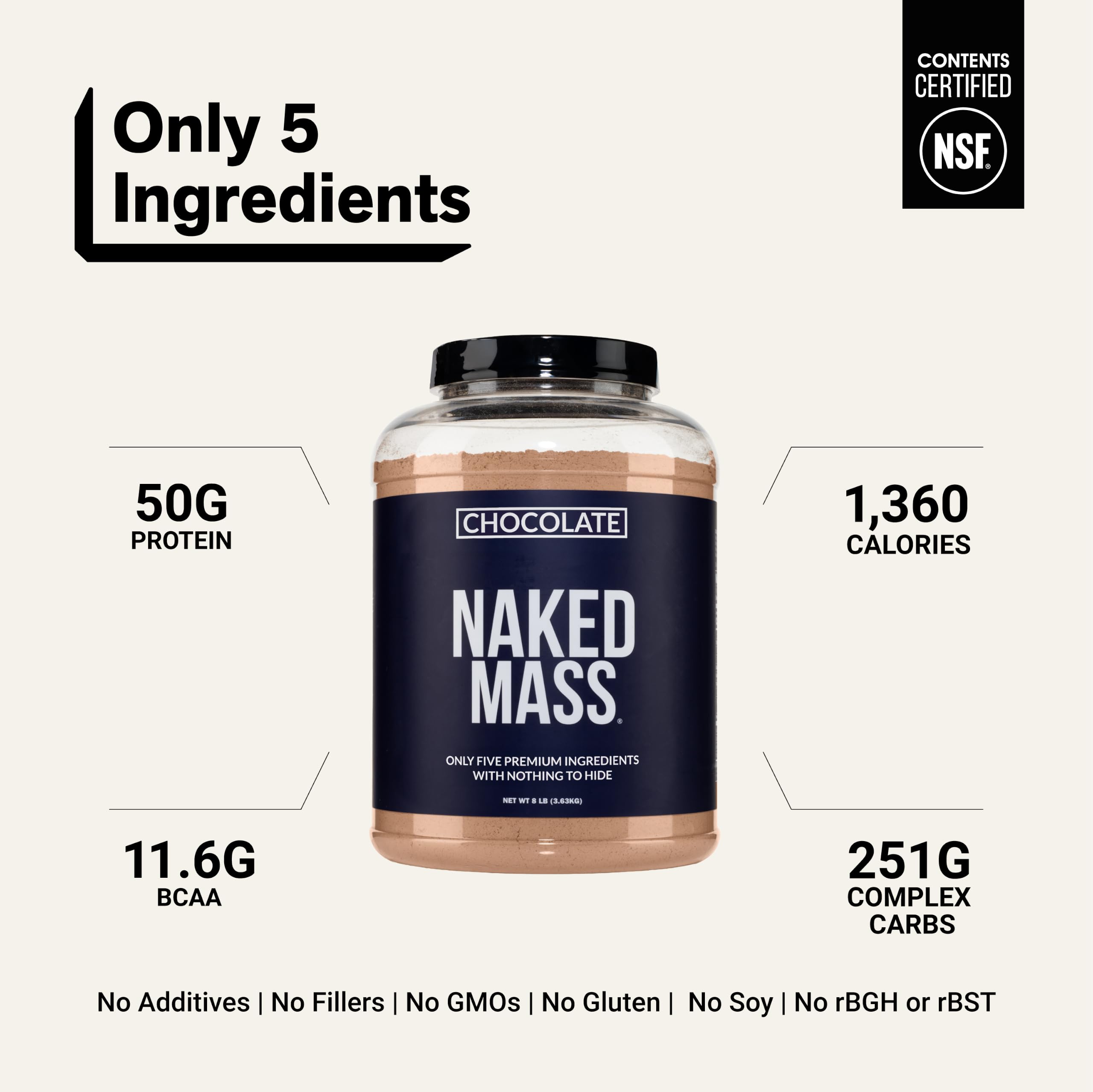 NAKED Chocolate Mass Gainer - All Natural Weight Gainer Protein Powder - 8lb Bulk, NSF Certified, GMO Free, Gluten Free & Soy Free. No Artificial Ingredients - 1,360 Calories — Amazon image 3