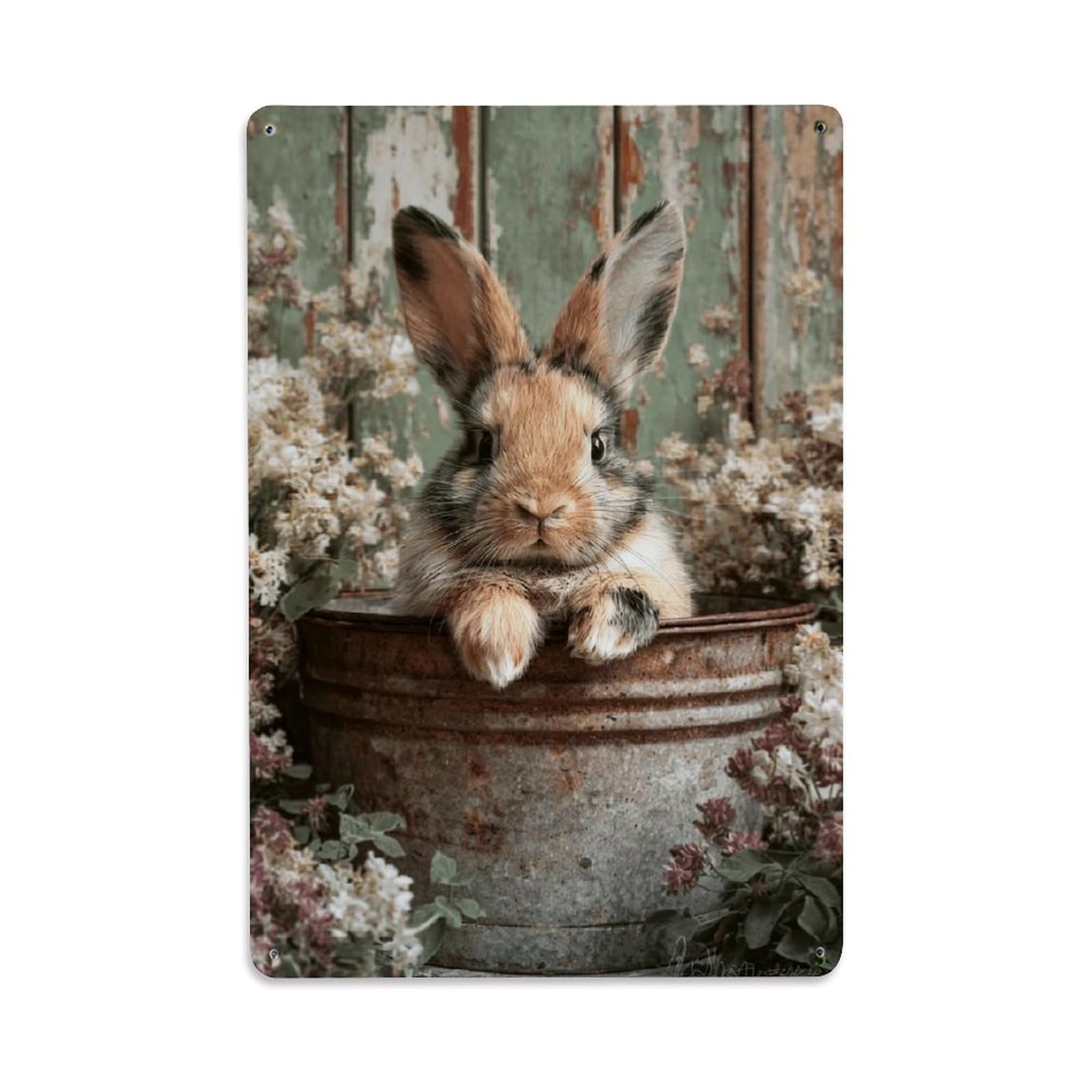 Nestemfo Vintage Rustic Bunny In Metal Bucket Tin Sign Metal Sign, Living Room,Bar, Home, Bedroom Wall Decor,Retro Metal Poster 8X12 Inches