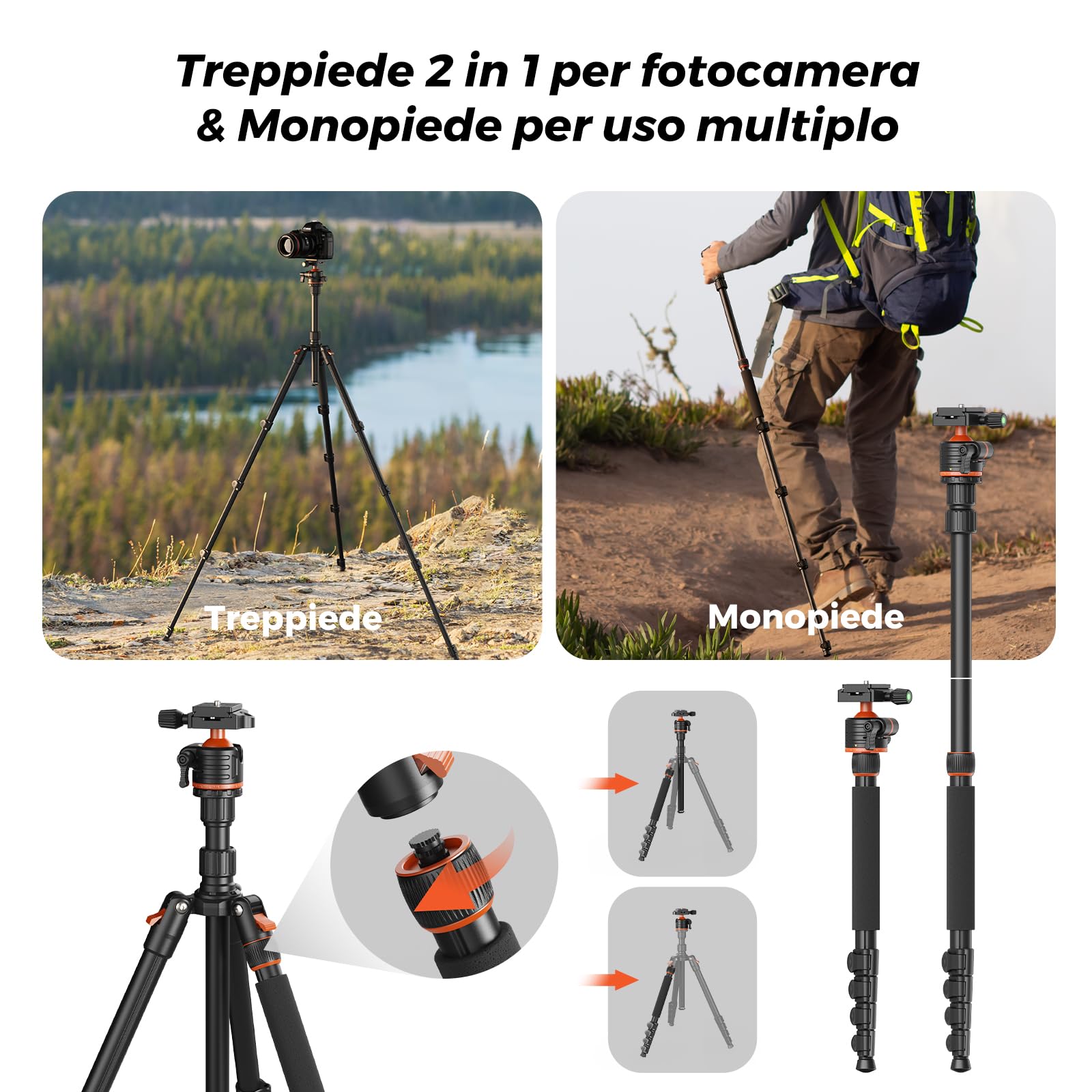 Treppiede per fotocamera da 54-183 cm con testa a sfera a 360°, in alluminio, portata 4 kg, per DSLR, fotografia, video, streaming live