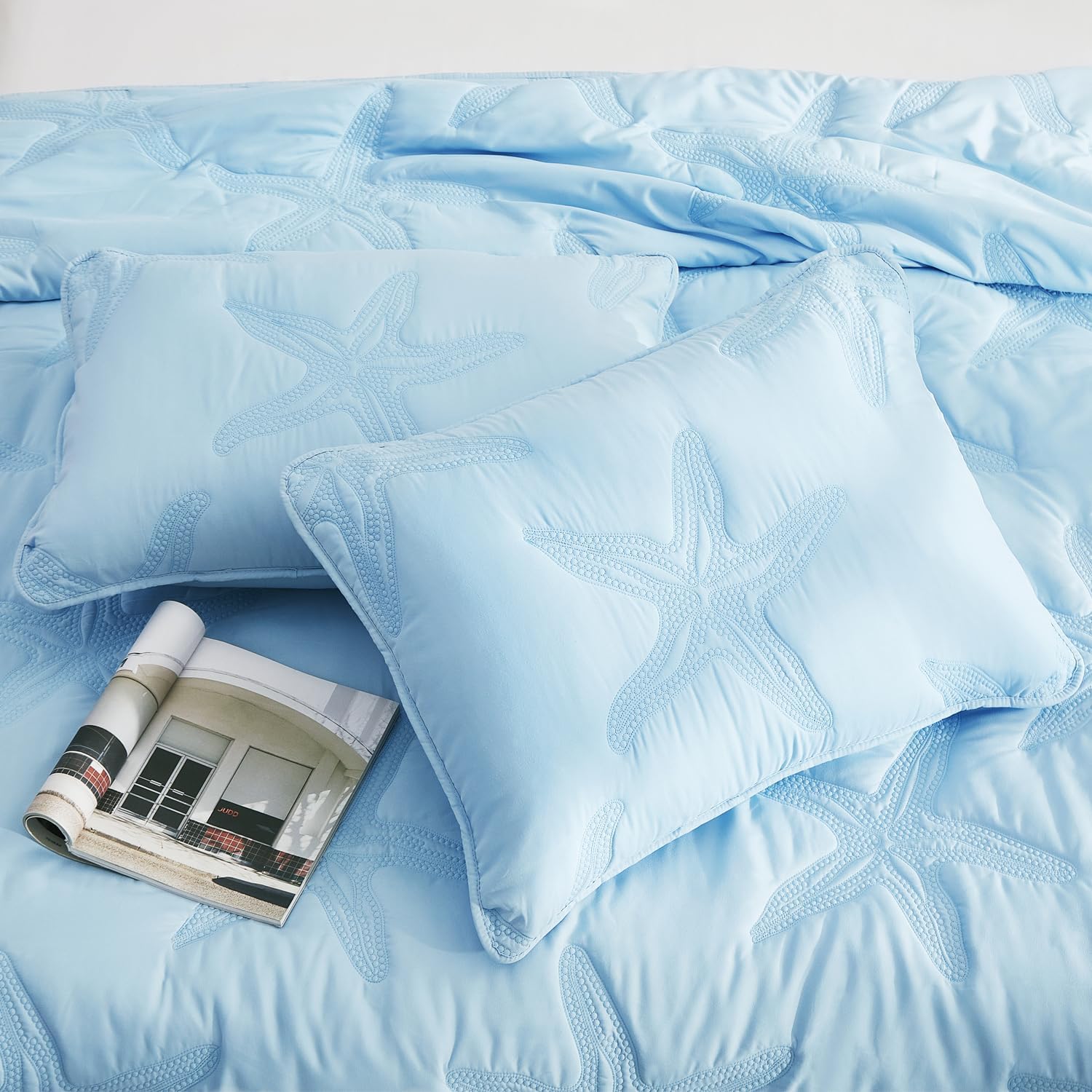 EVENHUG Coastal Quilt Sets King Size Summer Soft Lightweight Beach Bedding Set with Pillow Shams Nautical Bedspread Coverlet for All Season (Blue 102''x92'')
