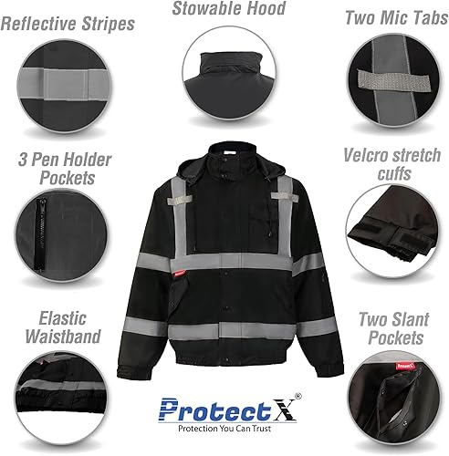 Miniatura 3 de ProtectX High Visibility Safety Waterproof Bomber Jacket for Men, Hi Vis Reflective Winter Construction Jacket, Class 3