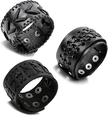 Aroncent Biker Punk Rock Leather Bracelets Wide Braided Adjustable with Snap Button 2-4 PCS