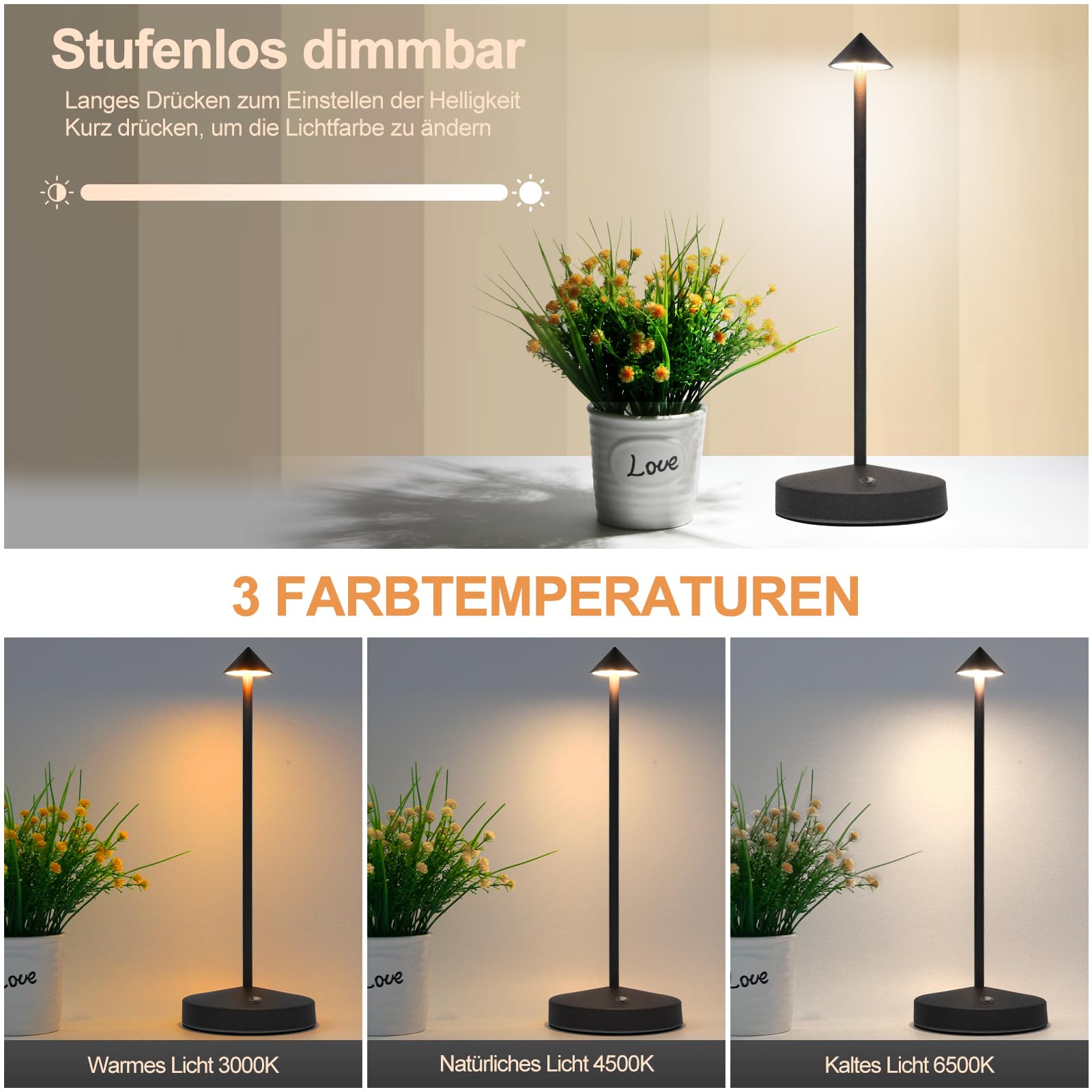 SUNLIGTGO LED Tischlampe Akku | Touch Dimmbar, 8000mAh - Kabellos Für Innen & Außen