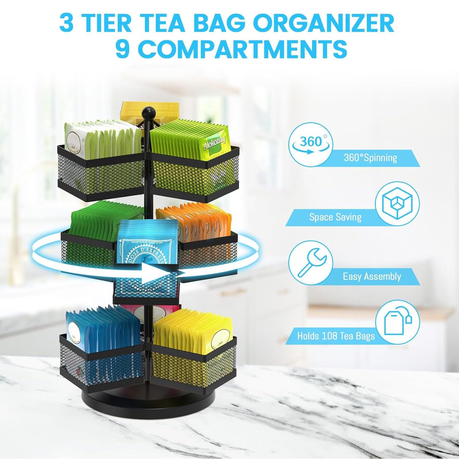 iDavosic.ly Metall Teebeutelhalter, Drehbar Teeboxen für Teebeutel Teebox Groß mit 9 Fächern, Teeregal Teebeutel Aufbewahrungsbox Tee Organizer für 108 Tea Bag (Schwarz)