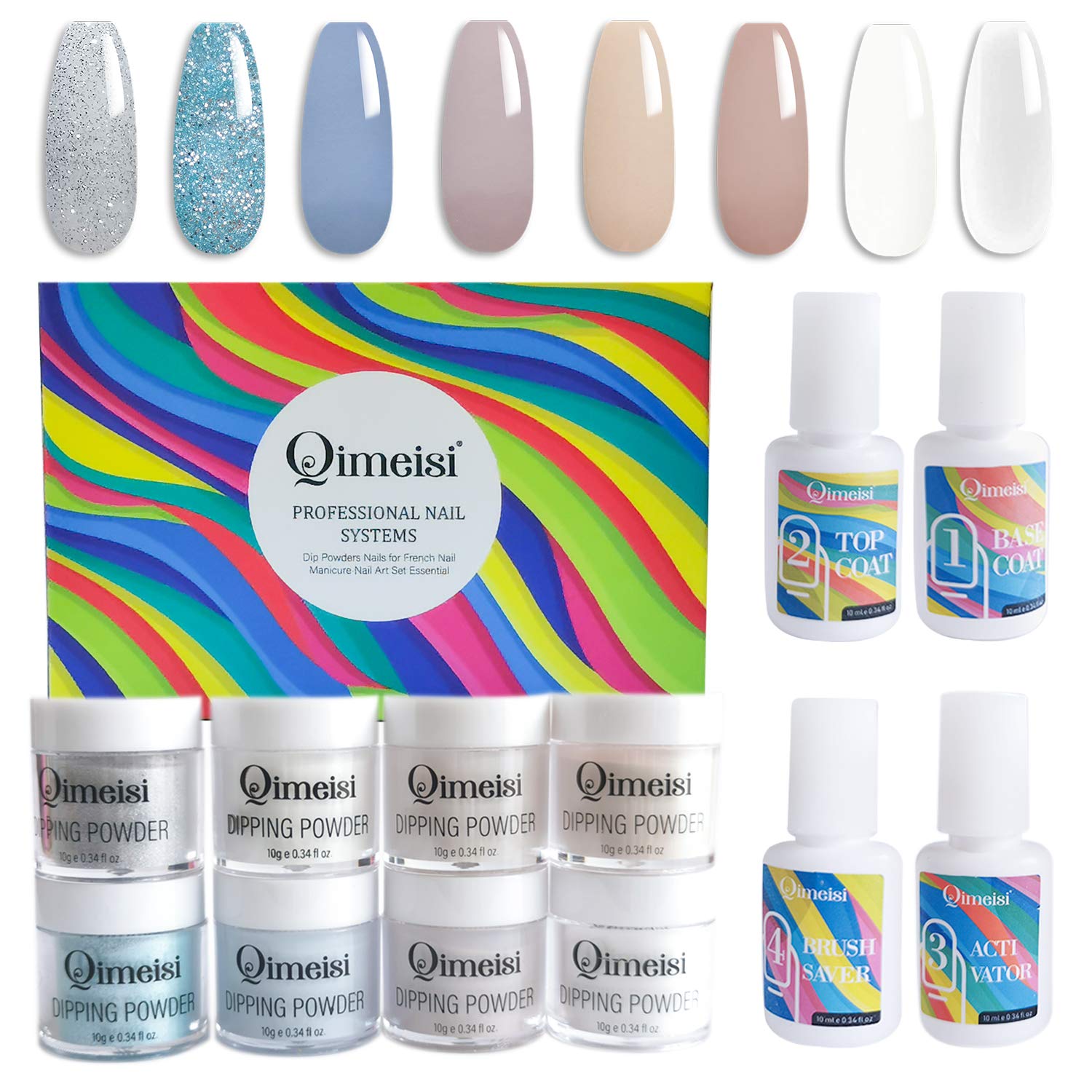 Dipping Powder Nail Starter Kit 8 Colors, Professional Dipping Powder System, With 4 Liquid Base Coat, Top Coat, Activator, Brush Saver,No UV/LED Nail Lamp Needed Quick Do Nail at Home