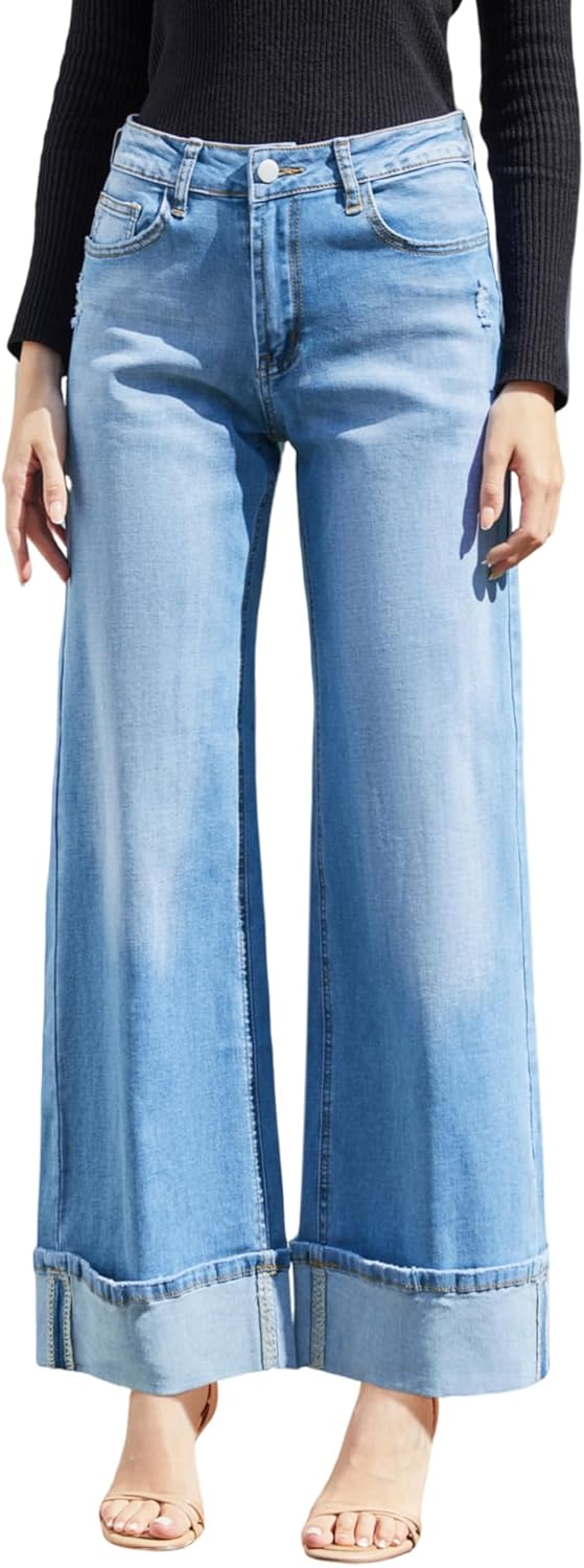 Womens Wide Leg Jeans High Waisted Stretchy Cuffed Baggy Denim Pants