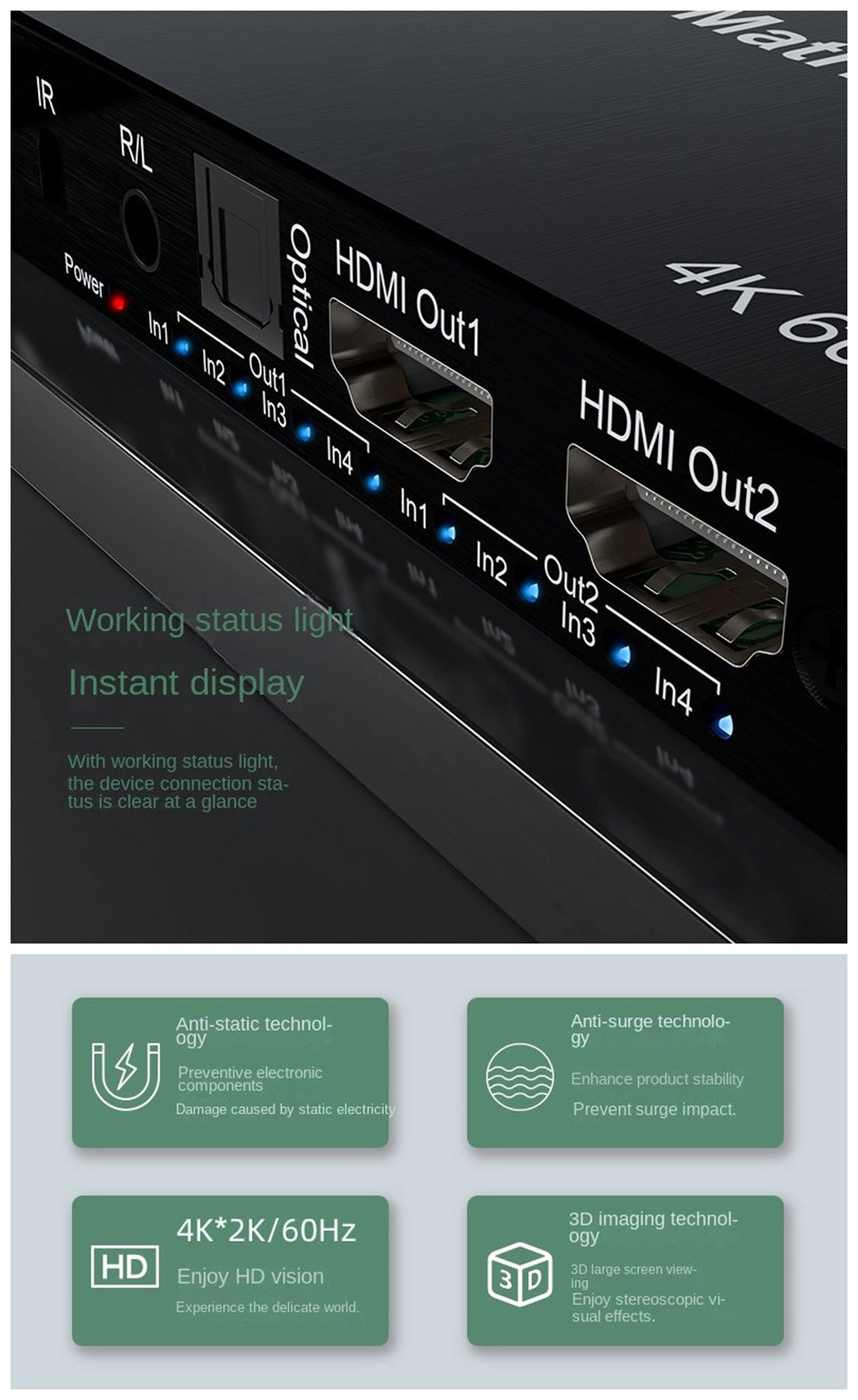 4K HDMI Matrix 4X2, HDMI True Matrix Switch Conmutador 4 w 2 wyjścia 4K 60Hz HDMI Matrix rozdzielacz przełącznik z optycznym EDID do PS4 PC (4X2)