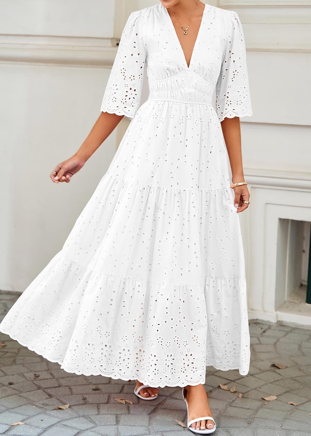 Lazysmile Women's Summer Hollow Out Eyelet Boho Maxi Wedding Guest Dresses image 2