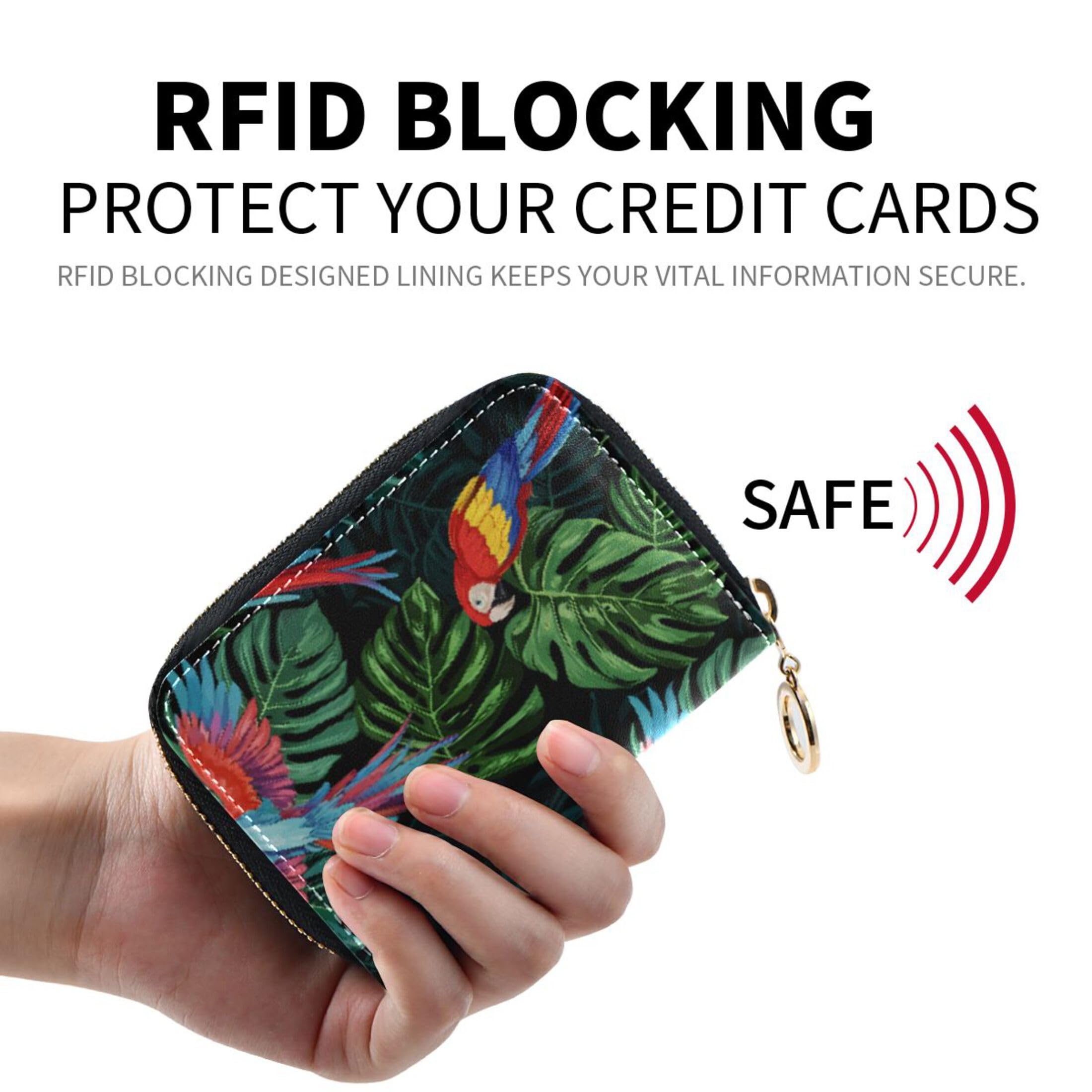 Burbuja Tropical Parrots Credit Card Holder for Women Men RFID Blocking, Leather Accordion Zipper Card Case Wallet 11 Slots