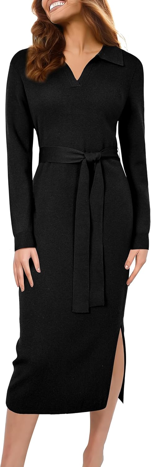 Arach&Cloz Women's Wool Blend Side Slit Polo Sweater Dresses 2025 Fall Business Casual Outfits