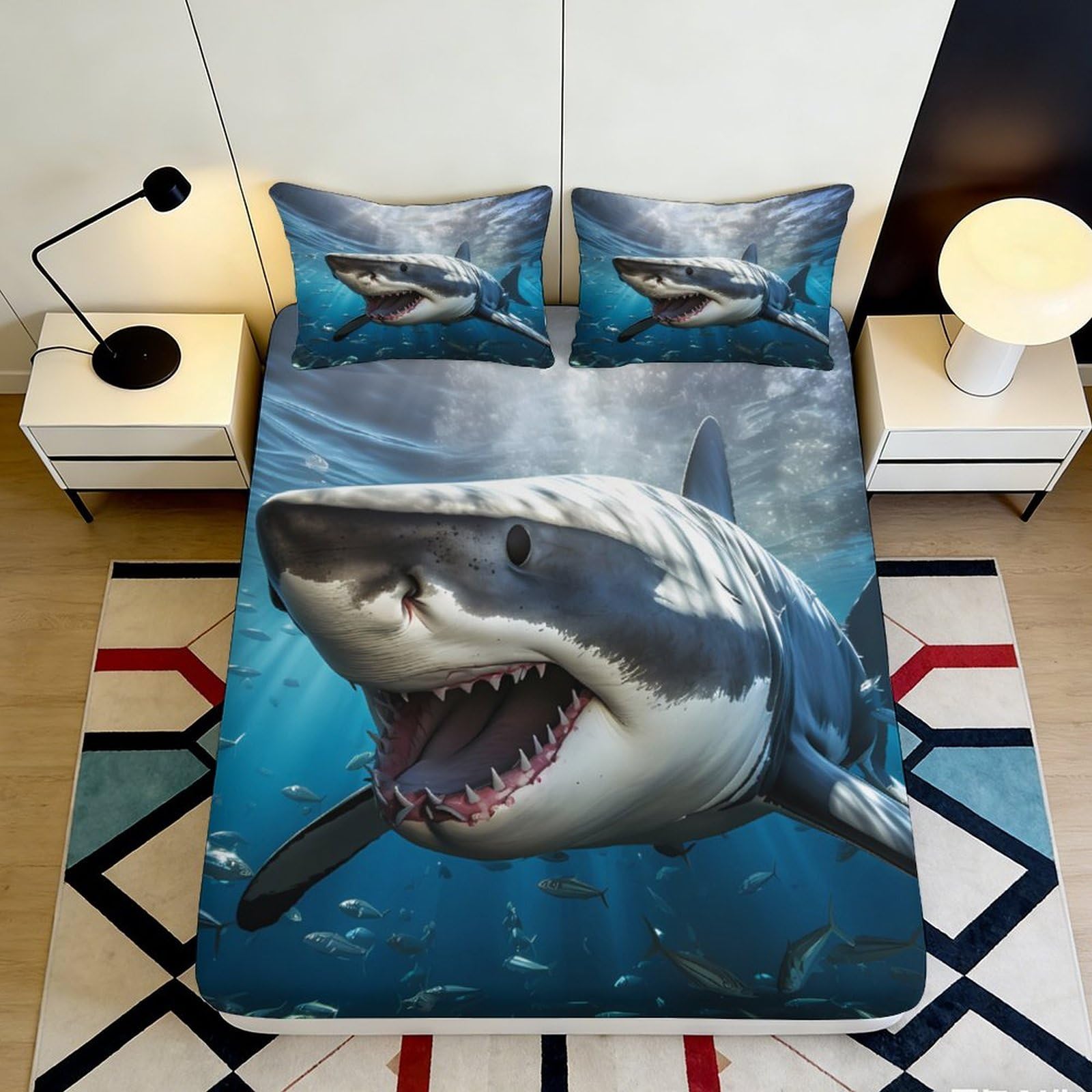 3D Printed Shark Ocean Fitted Sheet Microfiber Soft Breathable Underwater Mattress Cover for Bedroom Dorm Mattress Protection Decor 90x200x25cm