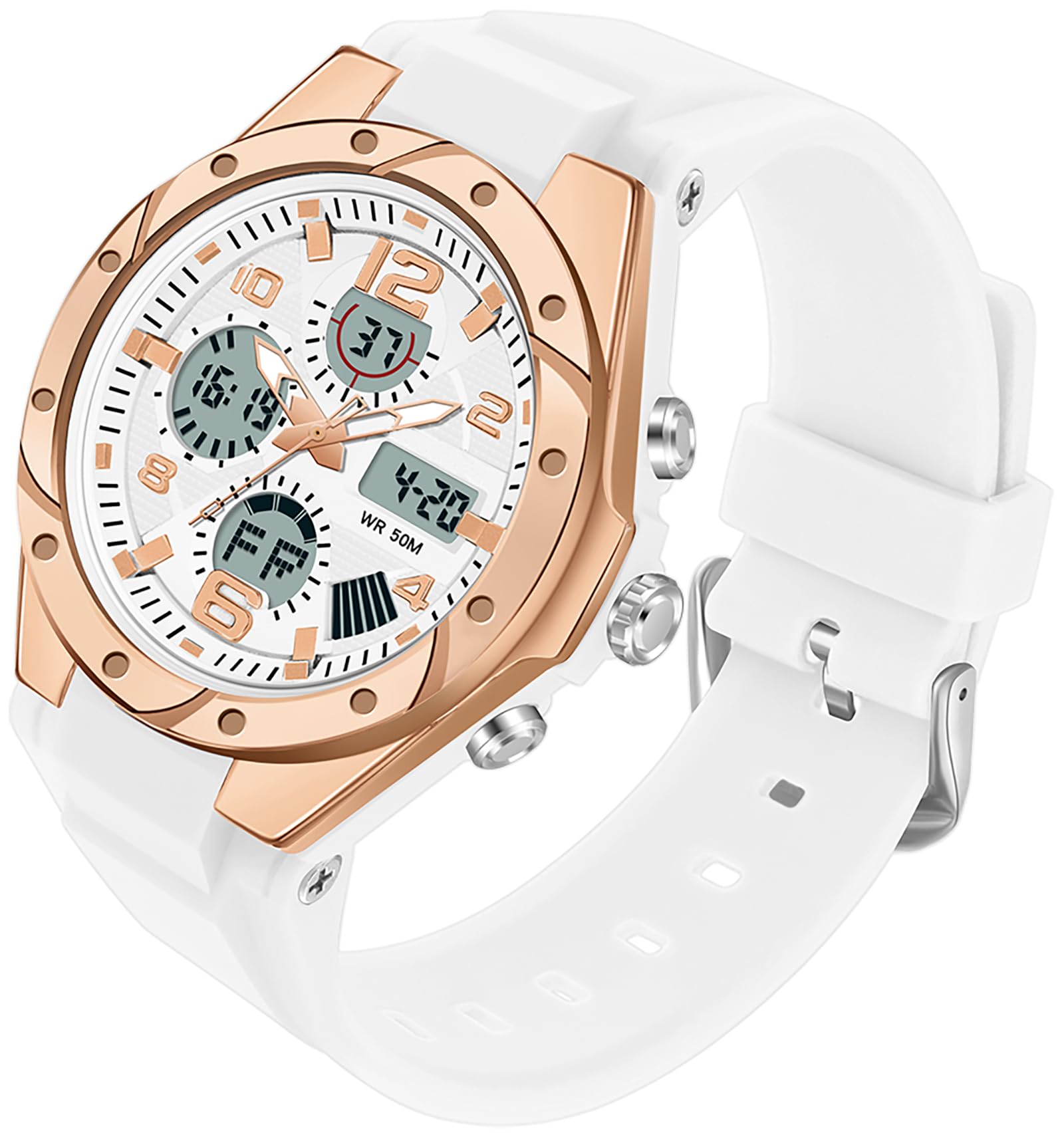 findtime Weiß Damen Uhren für Teenager Studenten mit Wecker/Stoppuhr/LED Hintergrundbeleuchtung/Stoßfest/Datum Digital Analog Armbanduhr Jungen Mädchen Kinderuhr