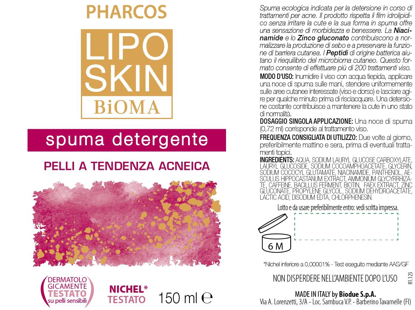 PHARCOS® Liposkin Bioma Spuma 150 ml - Spuma ecologica indicata per la detersione in corso di trattamenti per acne