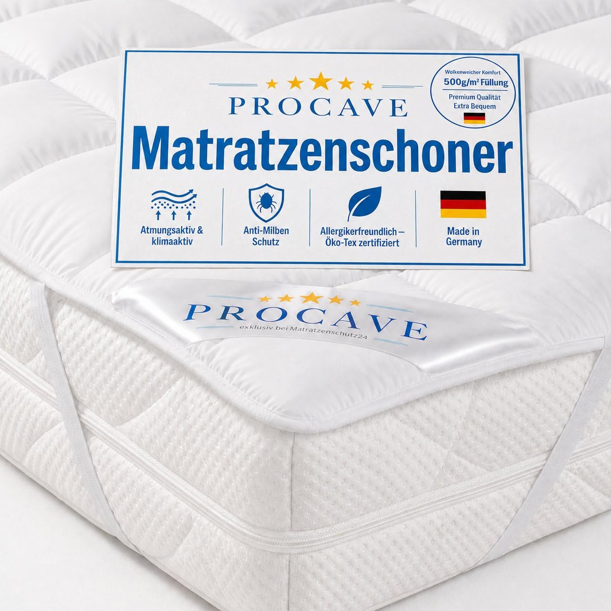 PROCAVE Micro-Comfort in Diverse Misure |Made in Germany | Coprimaterasso in Microfibra di Poliestere | Soft Touch | Adatto Anche per materassi a Molle e ad Acqua | 90x200 cm