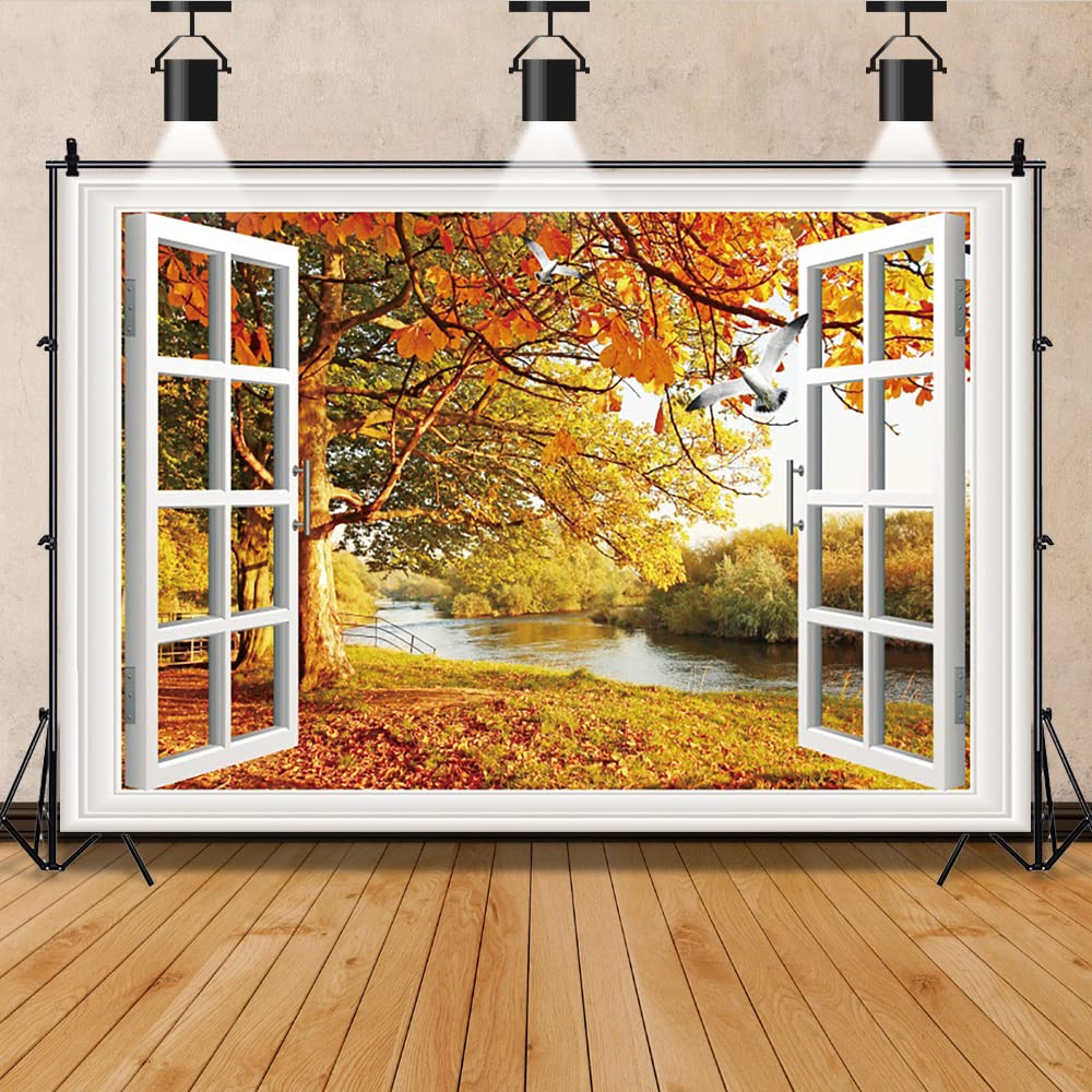 Yeele 6x4ft Fall Window Backdrop Autumn Maple Leaf Nature Scene Outside Forest Polyester Background Thanksgiving Festival Wallpaper Fake Window View