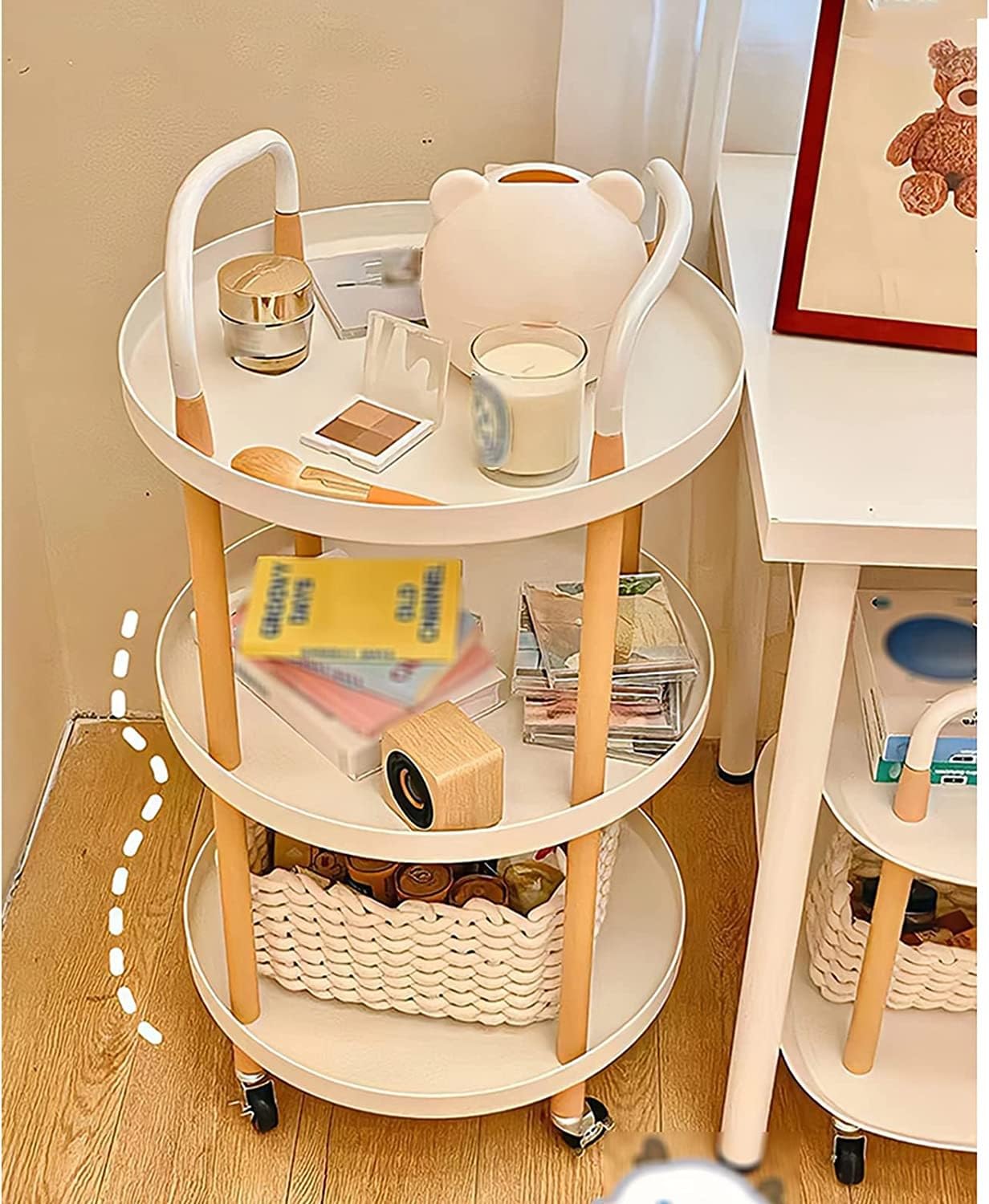 Mesa de centro rodante de 2 niveles con carrito de cocina redondo Sto para uso lateral del sofá, decoración portátil de comedor, moderna mesa auxiliar pequeña, multifuncional, para sala de estar
