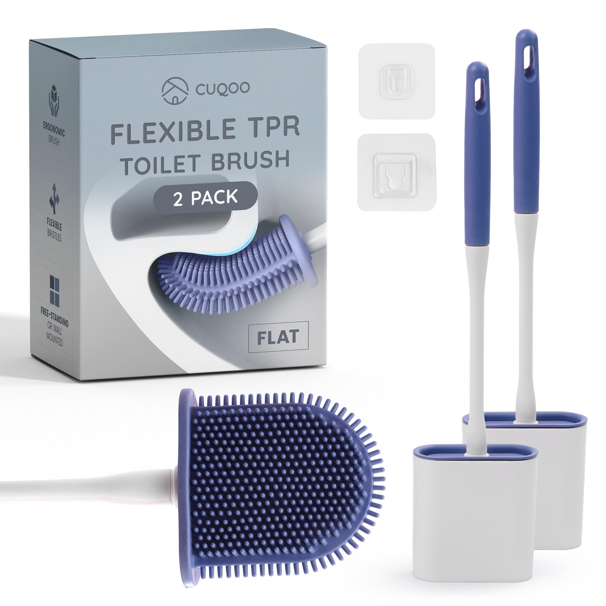 CUQOO Silicone Toilet Brush and Holder Set – Flat Flexible Loo Brush with Ventilated Holder, Non-Scratch TPR Bristles for Modern Bathroom Cleaning