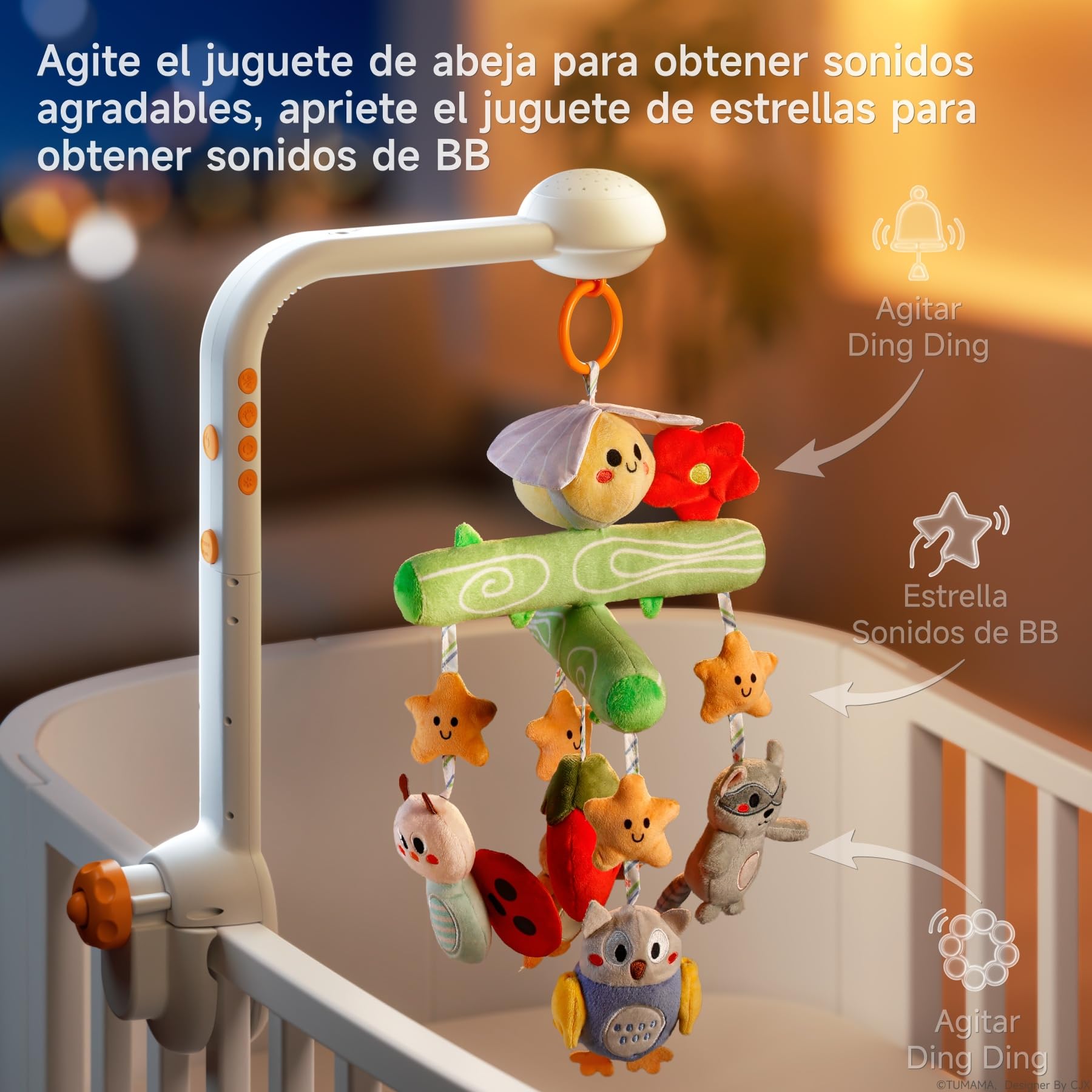 TUMAMA KIDS Movil Cuna Bebe con Música y Proyector de Luz, Carrusel Cuna Bebe para 0 3 6 9 Meses, Sonajero Juguete Sensorial para Recién Nacidos Regalo