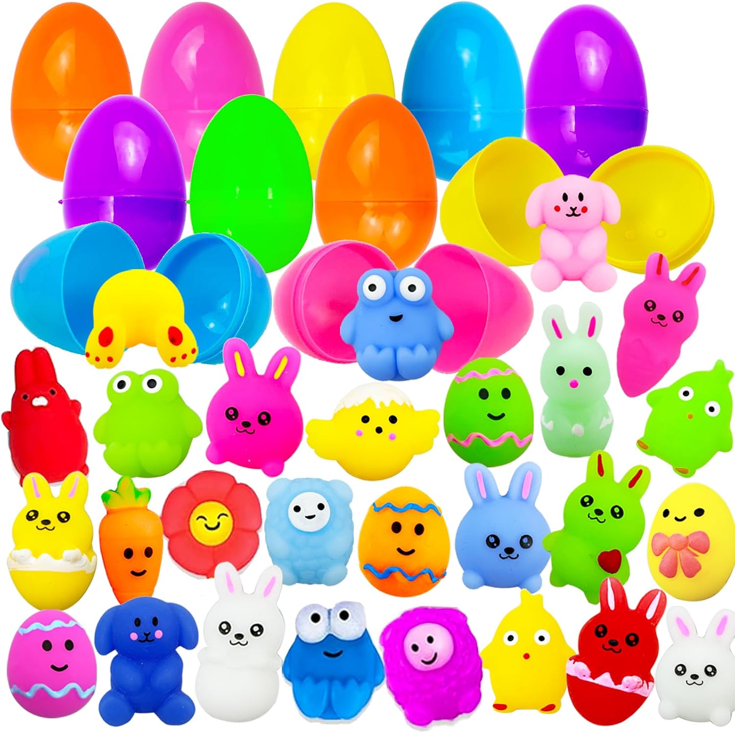 50 Pack Easter Prefilled Eggs with Mochi Squishy Toys, Kawaii Squishy Toy for Easter Theme Party Favor, Easter Eggs Hunt, Basket Filler, Classroom Prize Supplies
