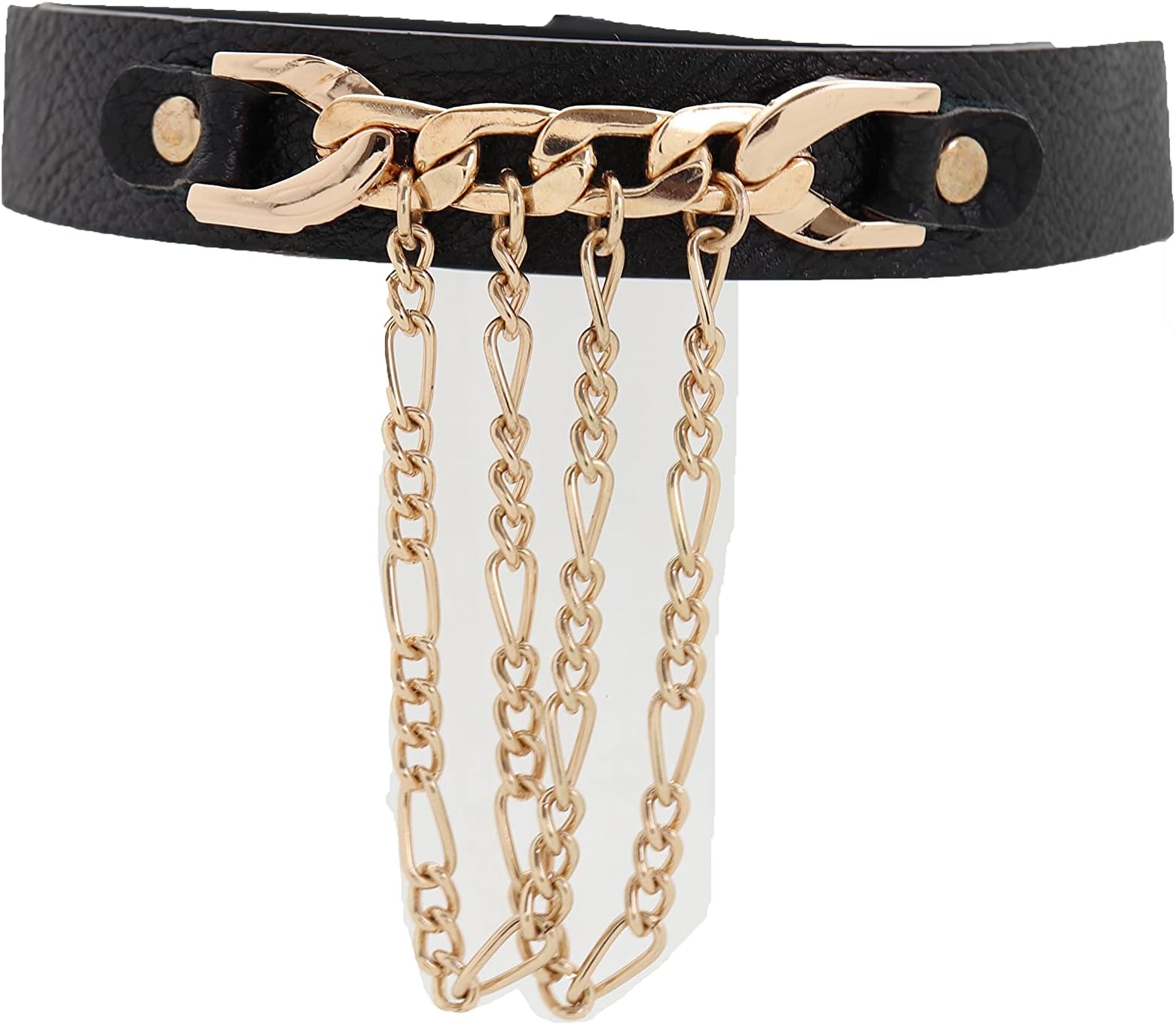 TFJ Women Fashion Gold Metal Chain Links Short Choker Black Strap Faux Leather Necklace Hip Hop Jewelry