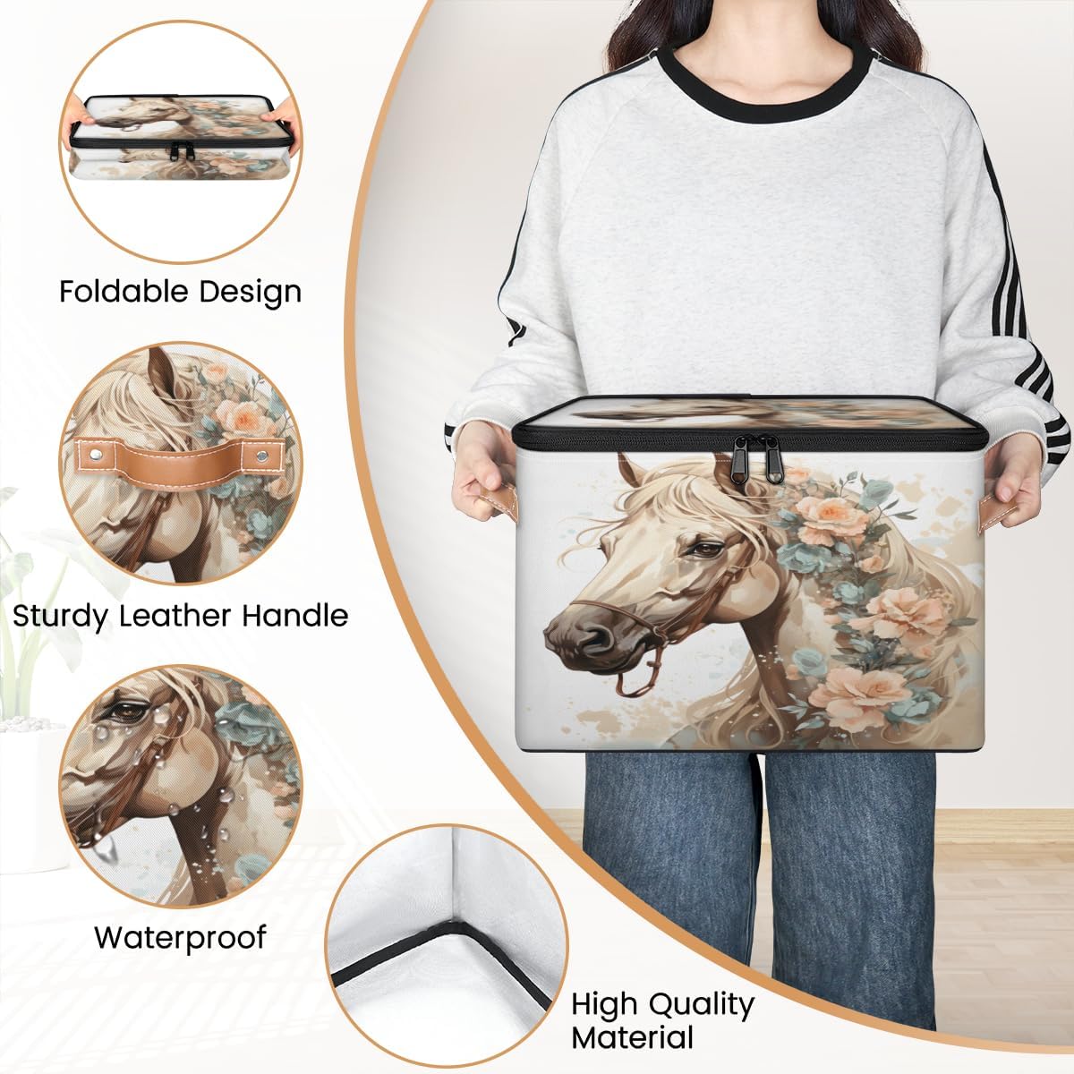 Storage Bin Set of 2 Horse Floral Storage Basket with Zipper Lid & Handle Foldable Closet Shelf 2 Pack Cloth Organizer Basket Cube Bins Clothes Organizer for Bedroom, Nursery