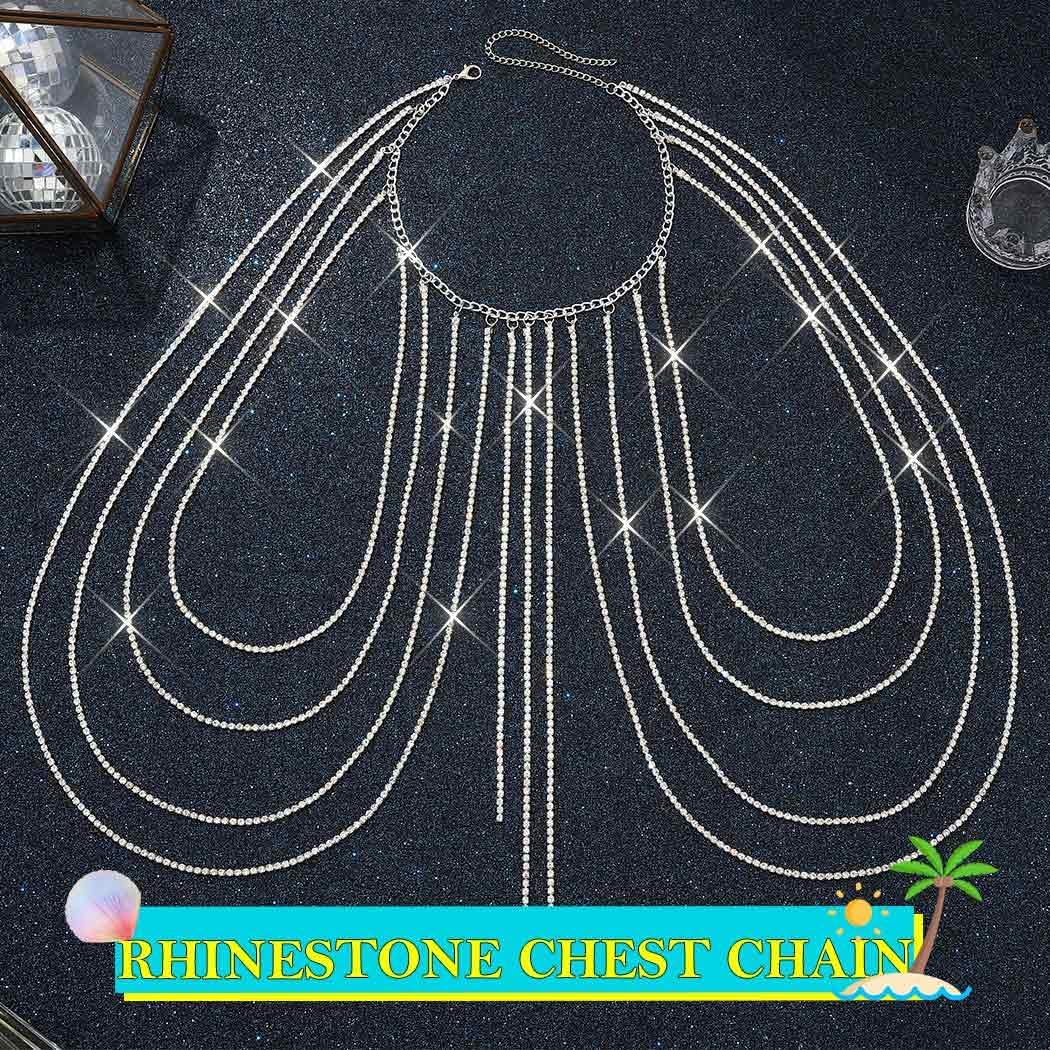 REETAN Silver Rhinestone Chest Chain Bra Fashion Sparkly Body Jewelry for Women - Image 6