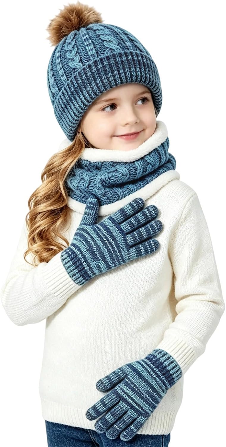 Girls Winter Knit Hat Neck Warmer Hand Warmers 3 Piece Set