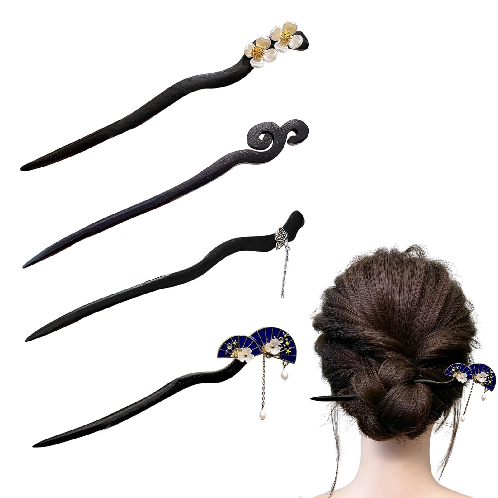 Horquillas Pelo Mujer Palos Chinos Hair Stick Moño French Pin Madera Vintage 4 Piezas